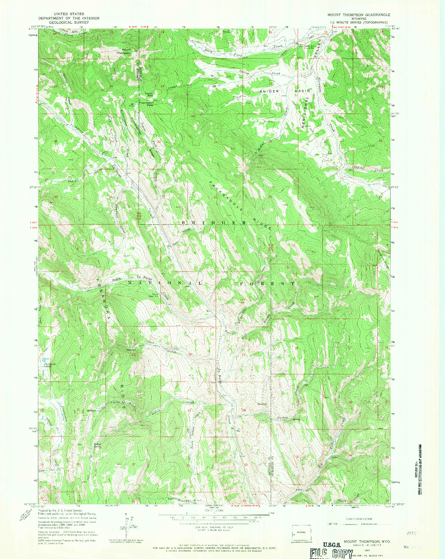 USGS 1:24000-SCALE QUADRANGLE FOR MOUNT THOMPSON, WY 1967