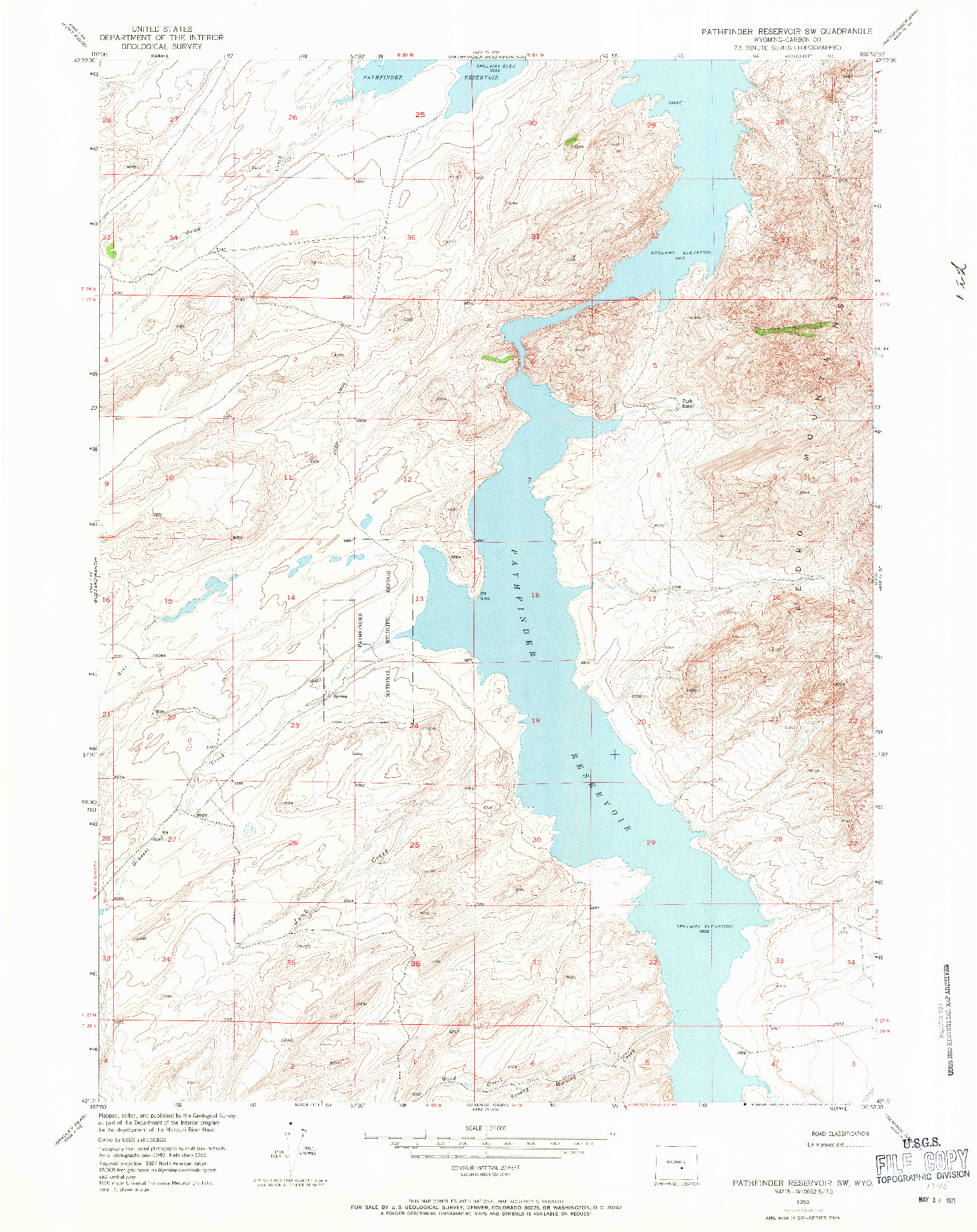 USGS 1:24000-SCALE QUADRANGLE FOR PATHFINDER RESERVOIR SW, WY 1953