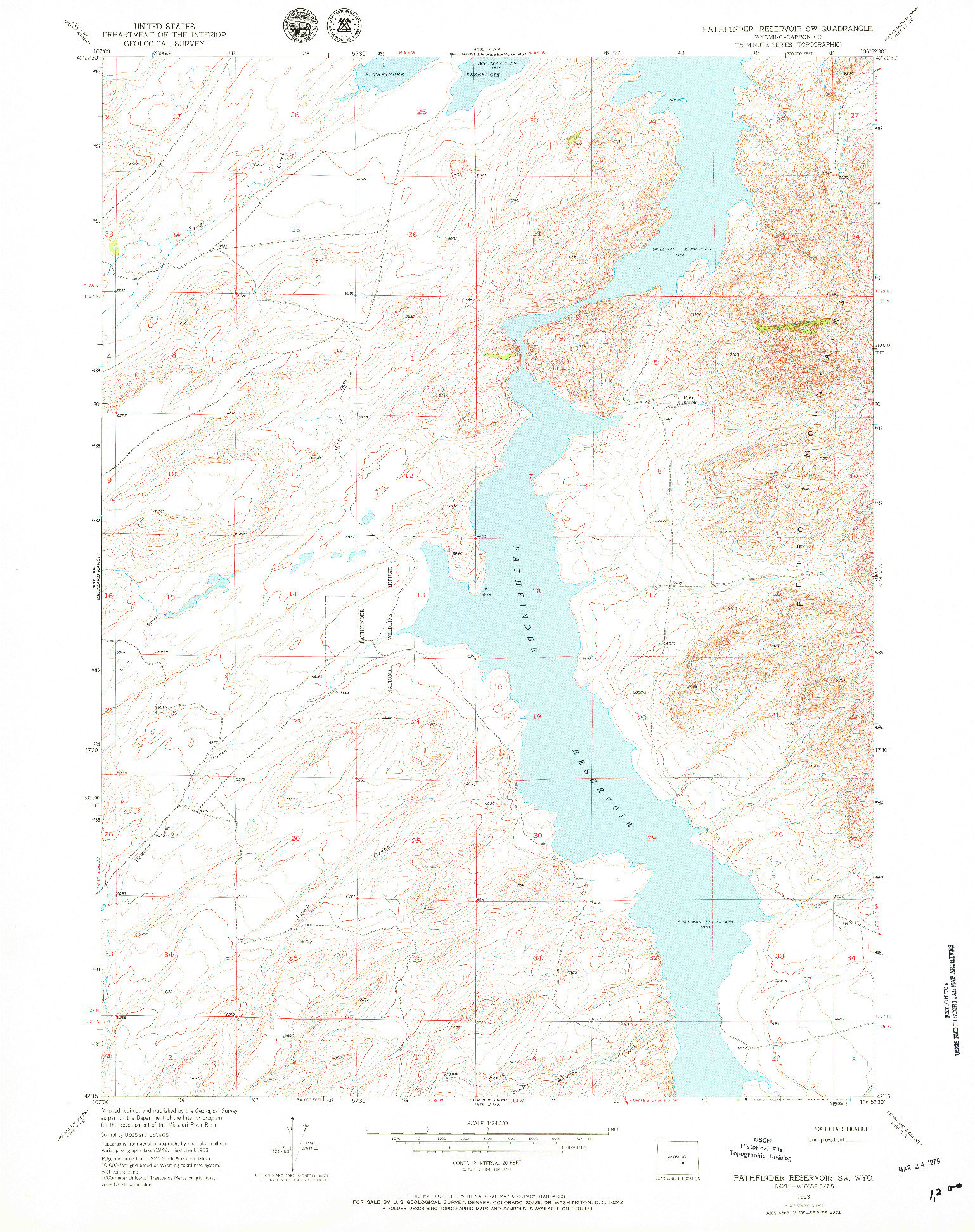 USGS 1:24000-SCALE QUADRANGLE FOR PATHFINDER RESERVOIR SW, WY 1953