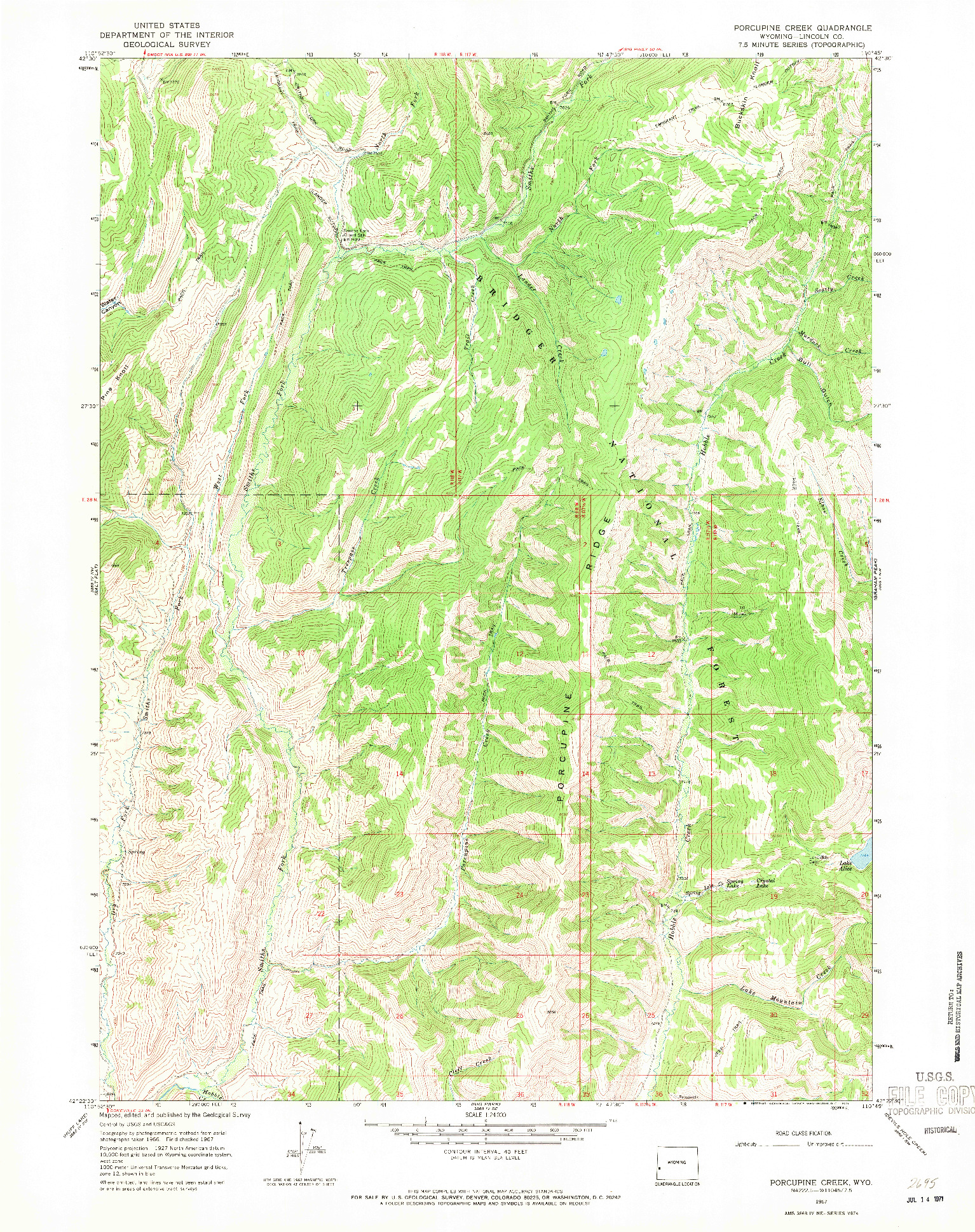 USGS 1:24000-SCALE QUADRANGLE FOR PORCUPINE CREEK, WY 1967