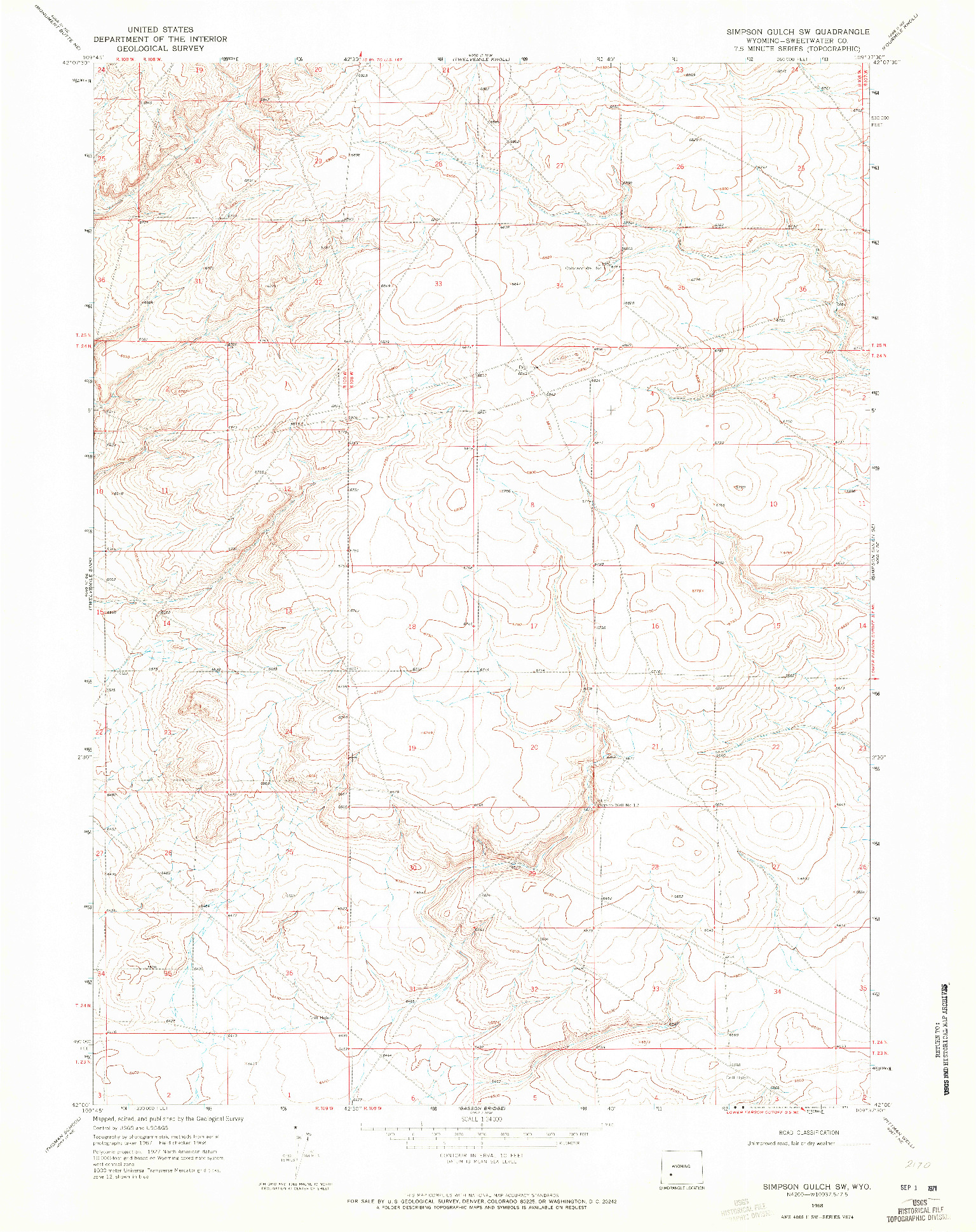 USGS 1:24000-SCALE QUADRANGLE FOR SIMPSON GULCH SW, WY 1968