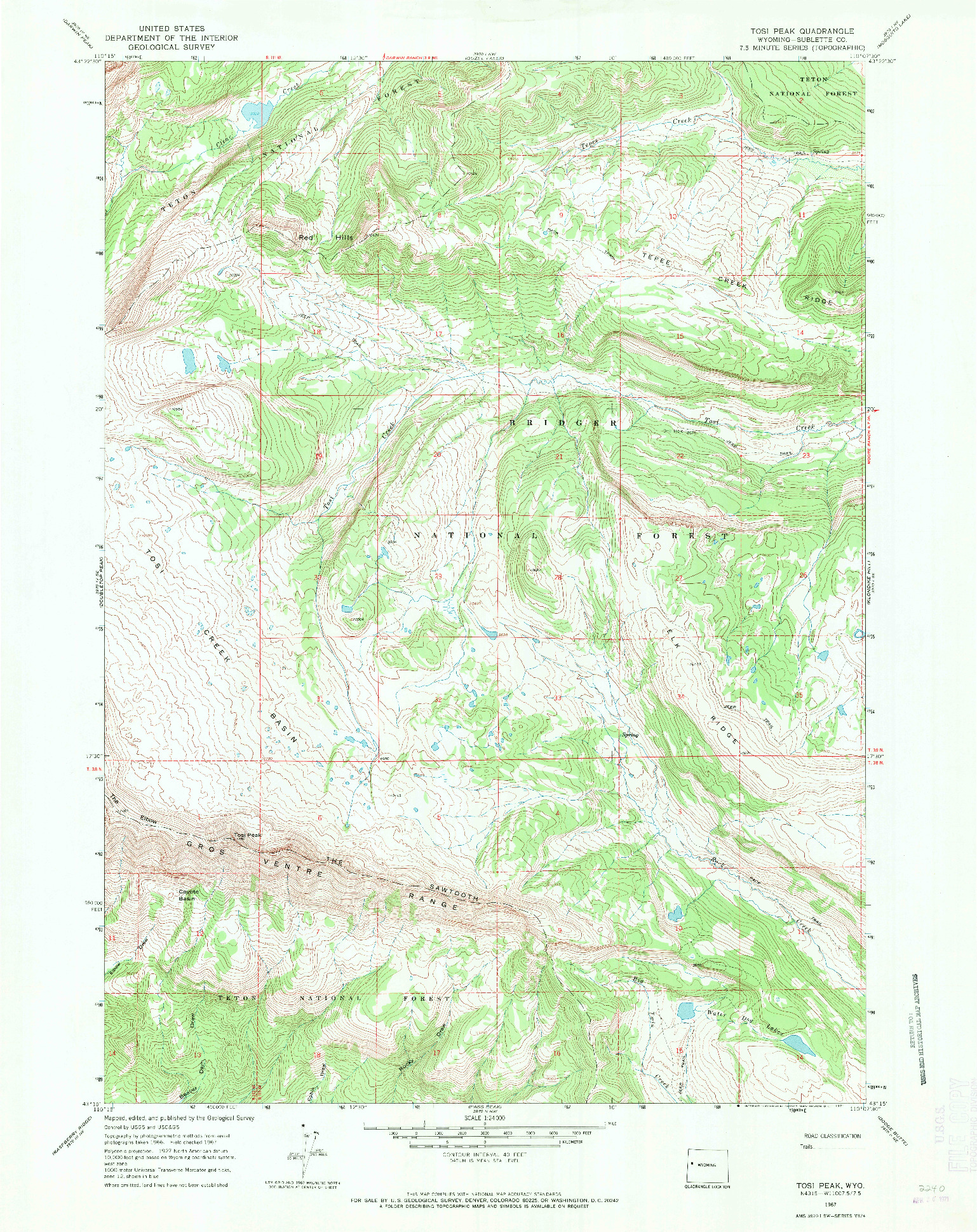 USGS 1:24000-SCALE QUADRANGLE FOR TOSI PEAK, WY 1967