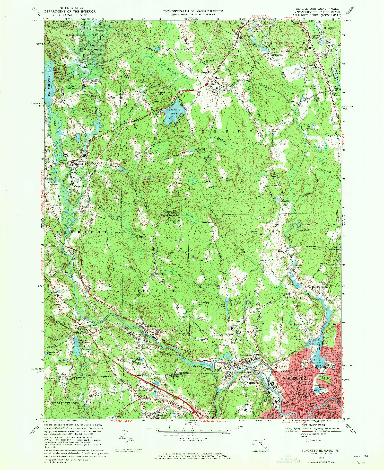 USGS 1:24000-SCALE QUADRANGLE FOR BLACKSTONE, MA 1969