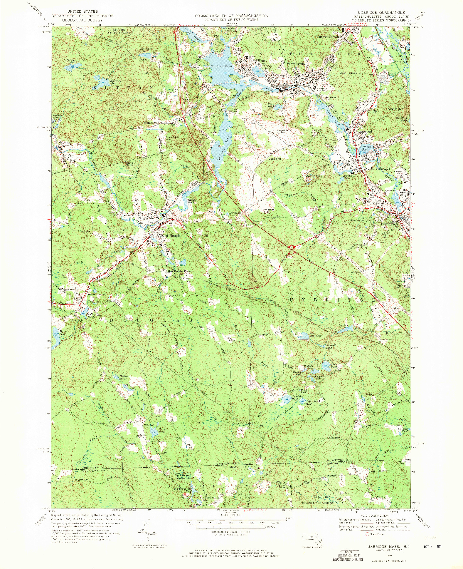 USGS 1:24000-SCALE QUADRANGLE FOR UXBRIDGE, MA 1969