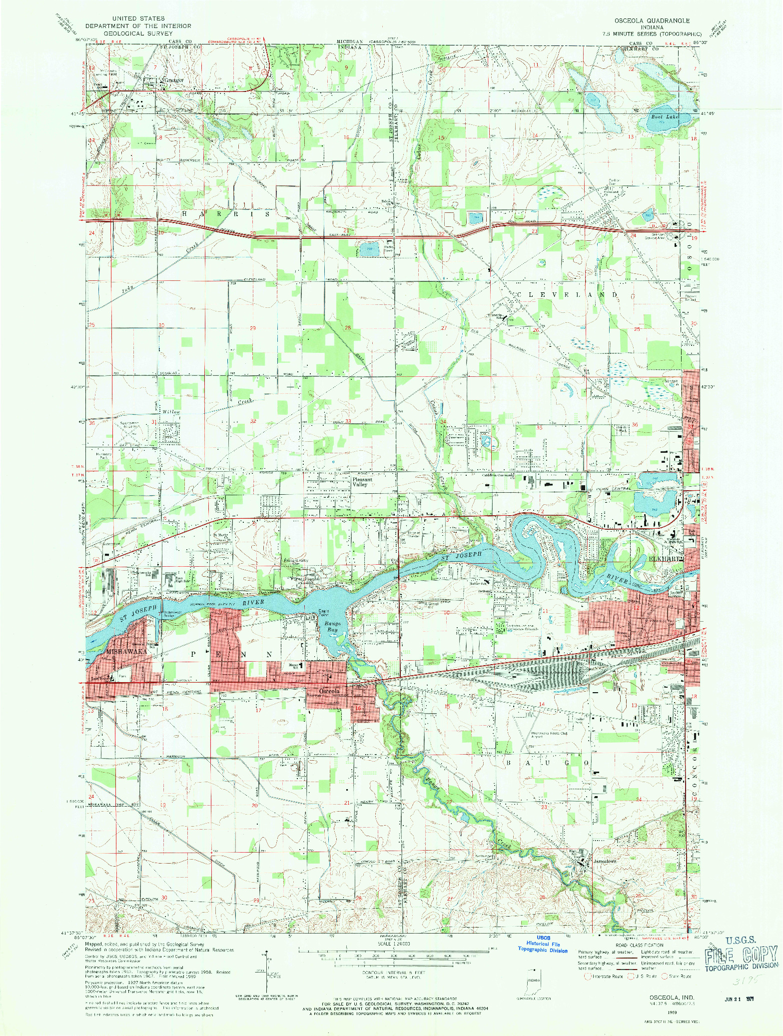 USGS 1:24000-SCALE QUADRANGLE FOR OSCEOLA, IN 1969