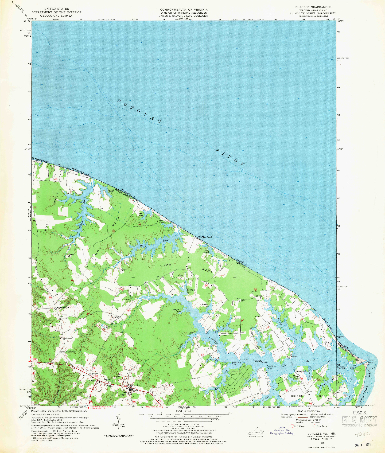USGS 1:24000-SCALE QUADRANGLE FOR BURGESS, VA 1968