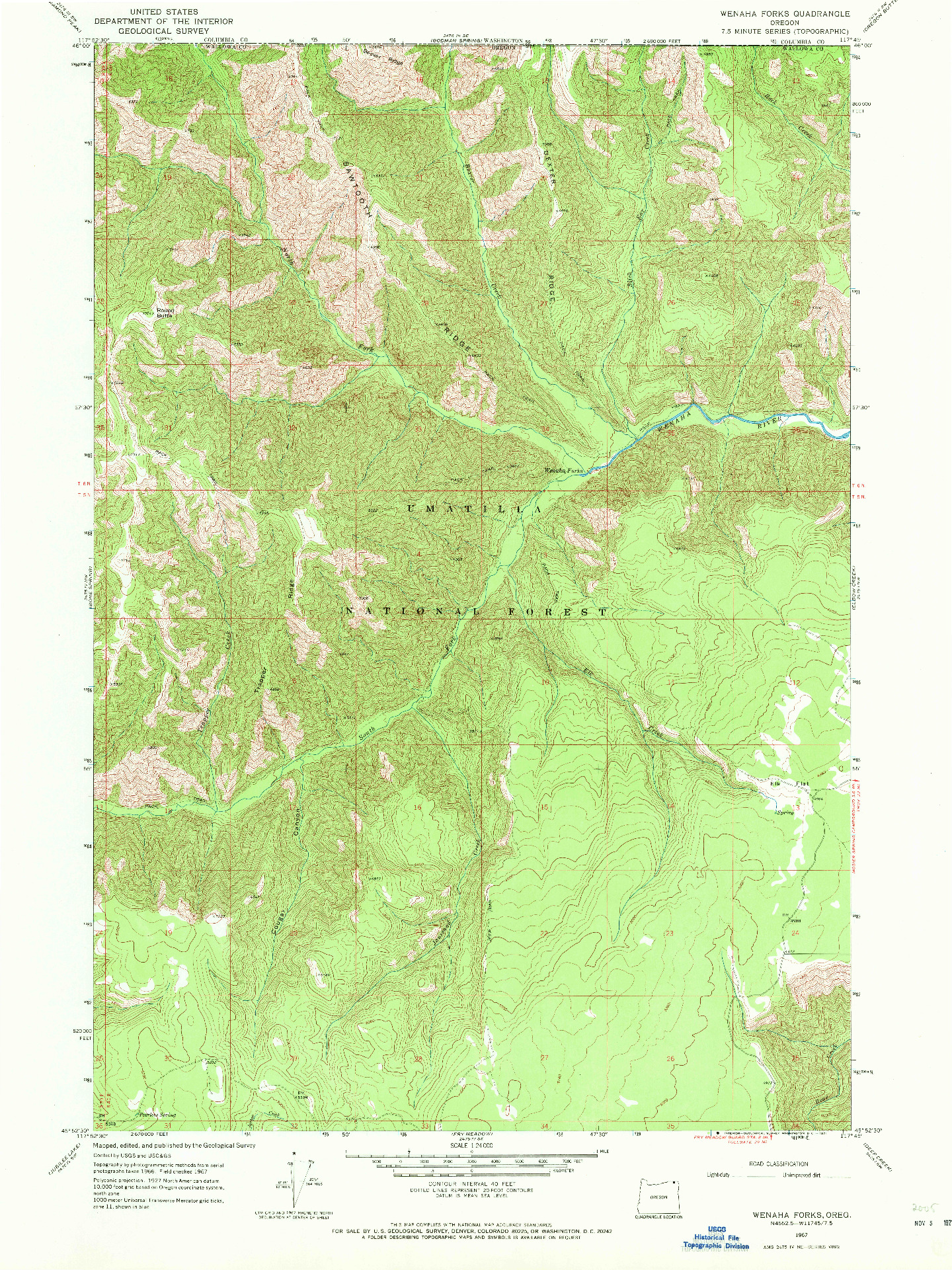 USGS 1:24000-SCALE QUADRANGLE FOR WENAHA FORKS, OR 1967