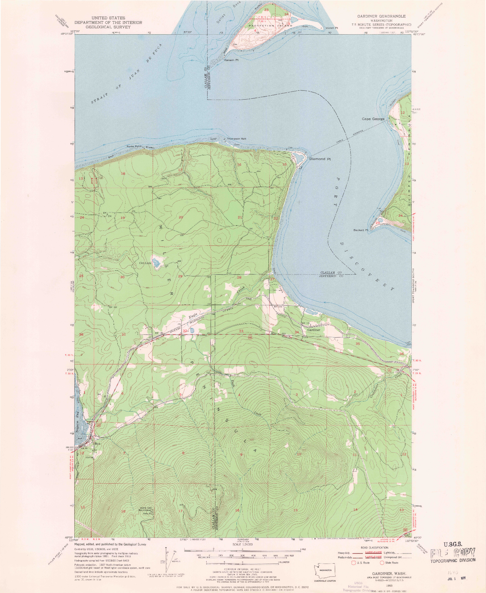USGS 1:24000-SCALE QUADRANGLE FOR GARDINER, WA 1953