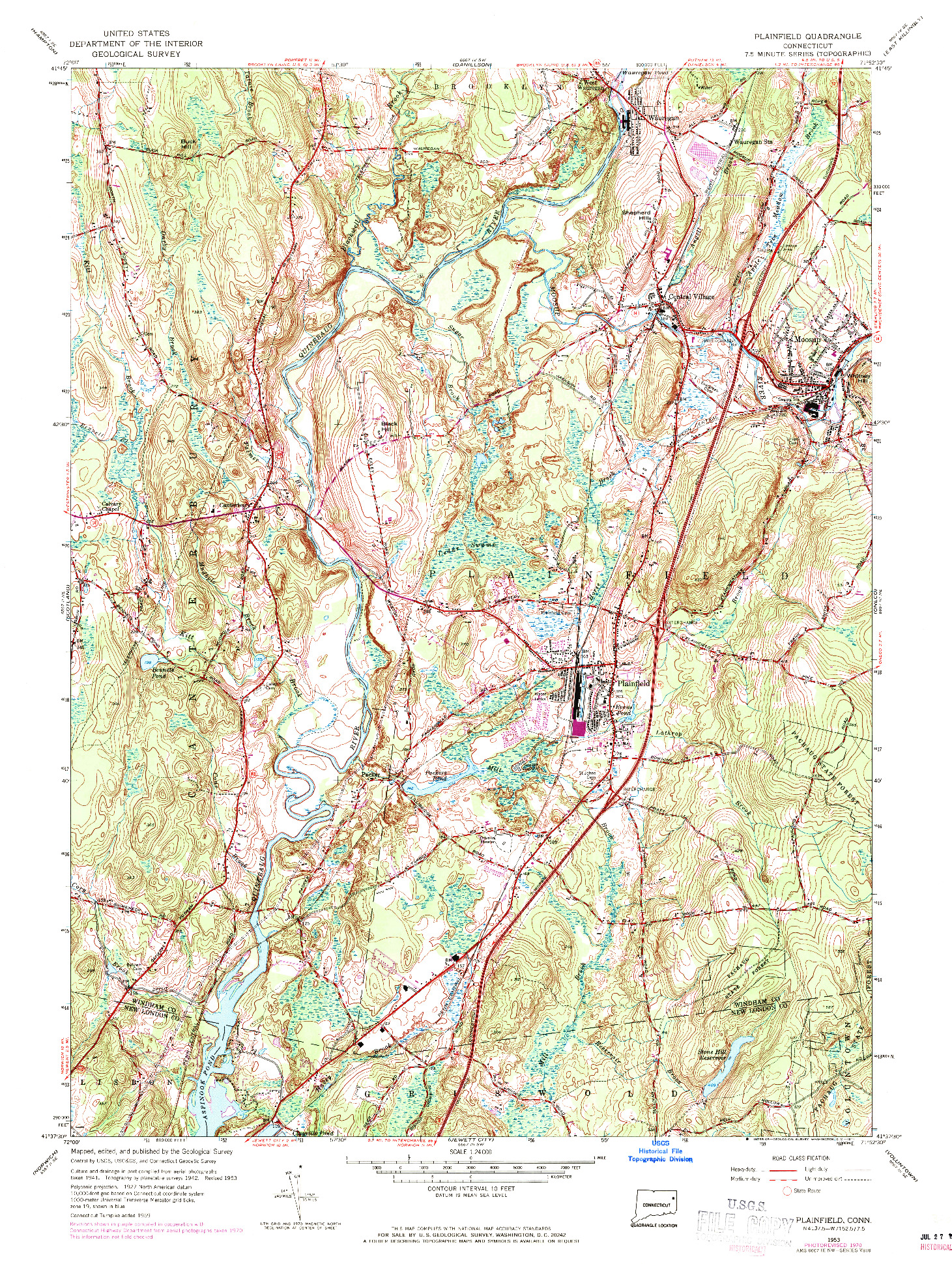 USGS 1:24000-SCALE QUADRANGLE FOR PLAINFIELD, CT 1953
