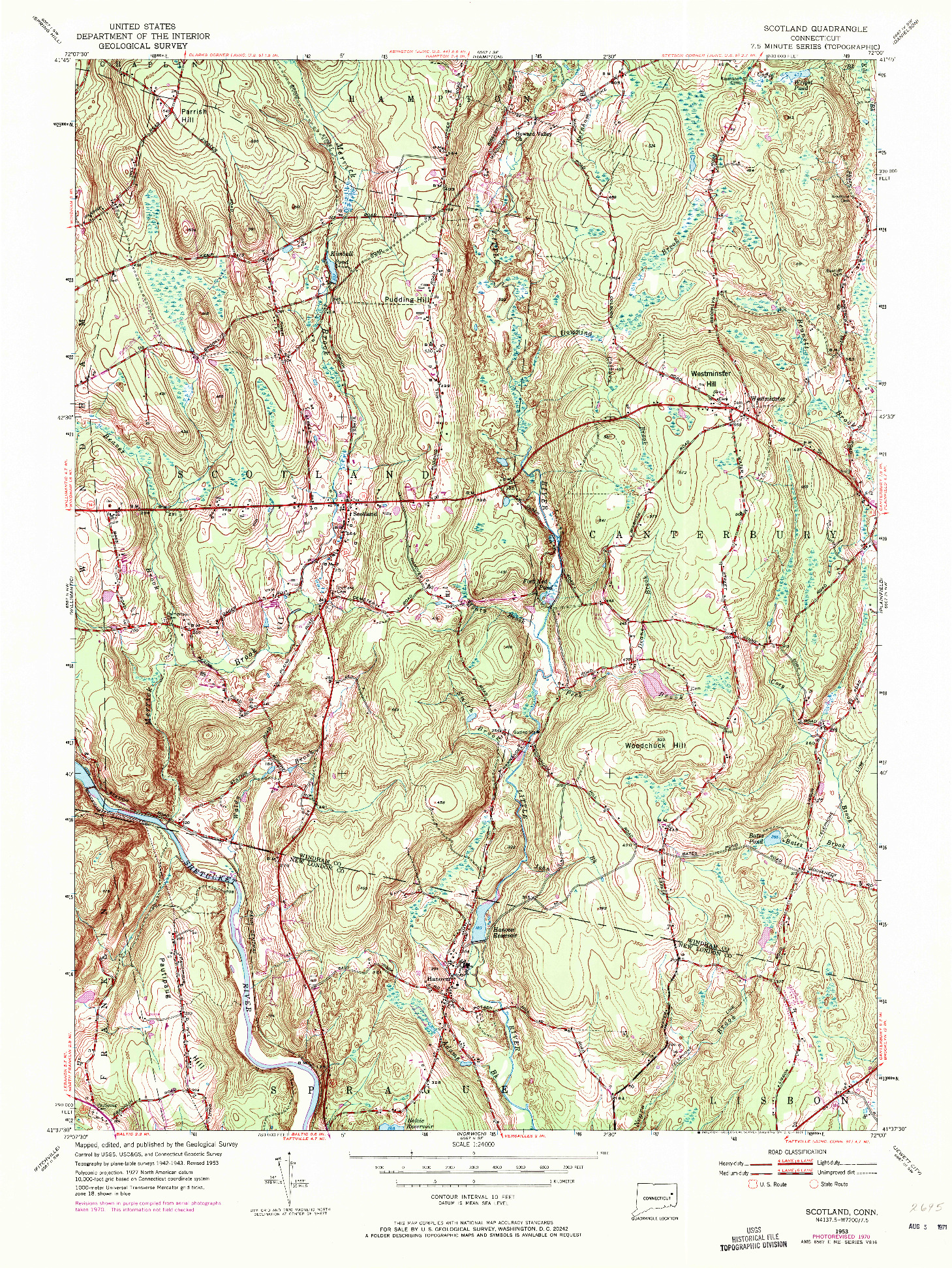USGS 1:24000-SCALE QUADRANGLE FOR SCOTLAND, CT 1953