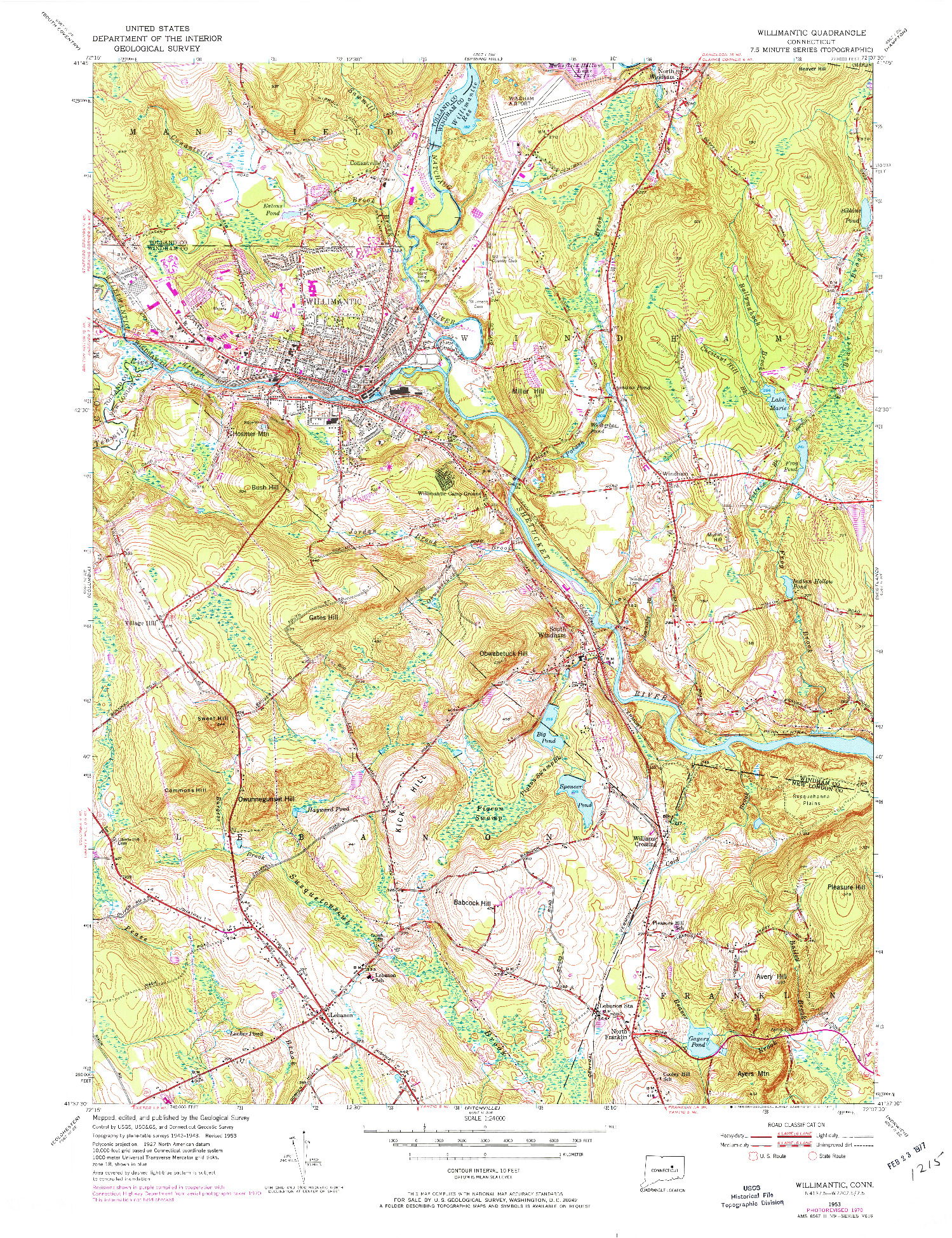 USGS 1:24000-SCALE QUADRANGLE FOR WILLIMANTIC, CT 1953