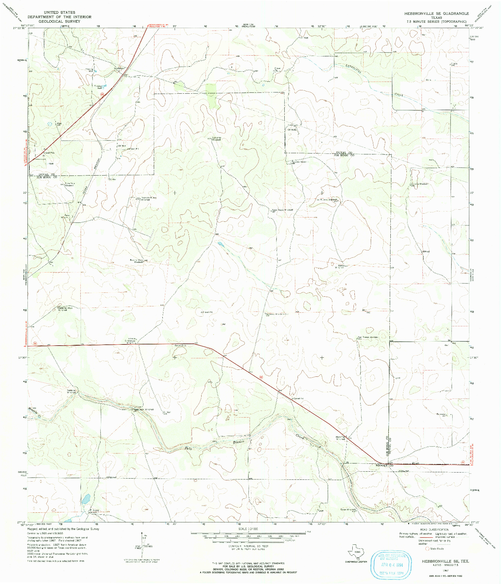 USGS 1:24000-SCALE QUADRANGLE FOR HEBBRONVILLE SE, TX 1967