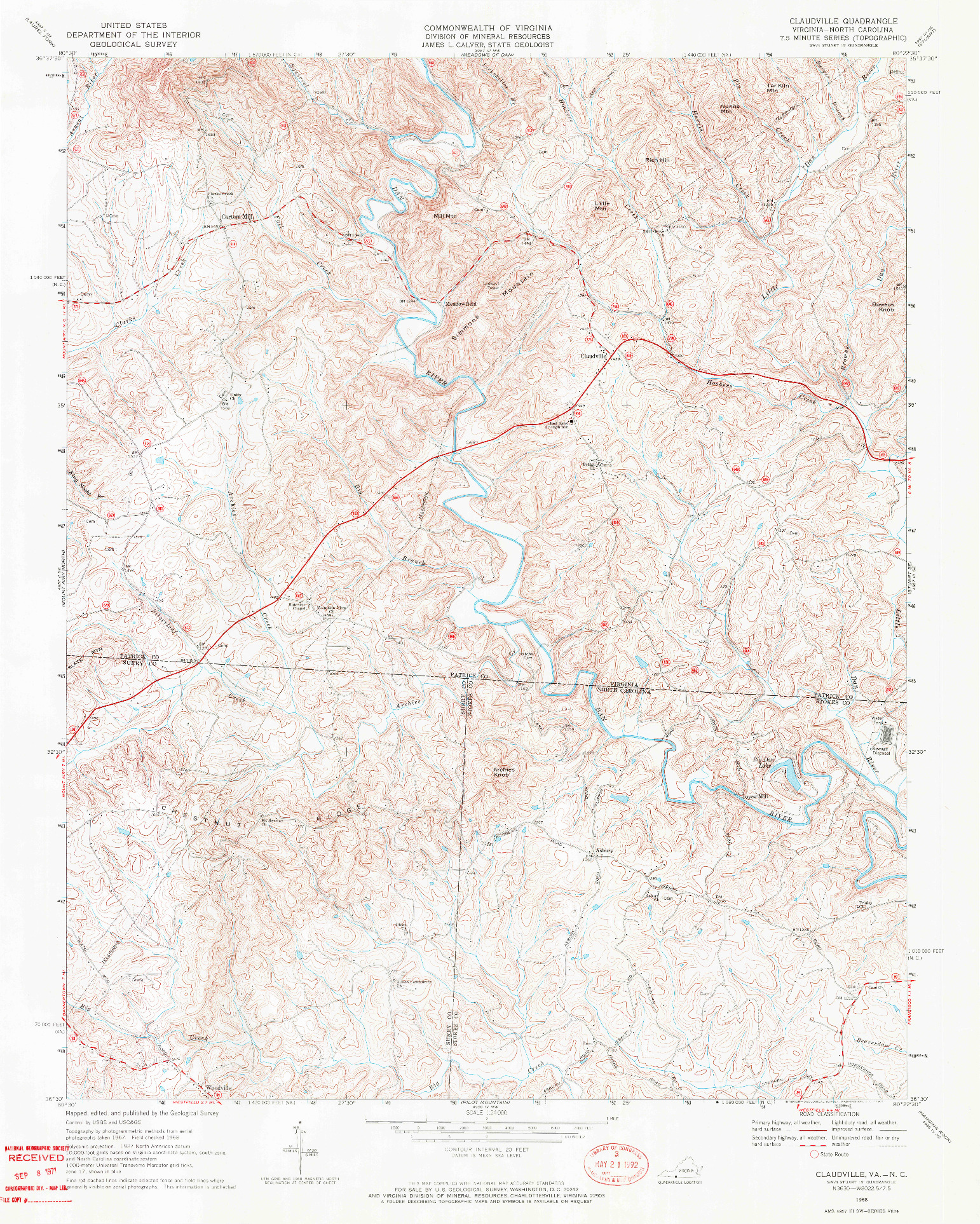 USGS 1:24000-SCALE QUADRANGLE FOR CLAUDVILLE, VA 1968