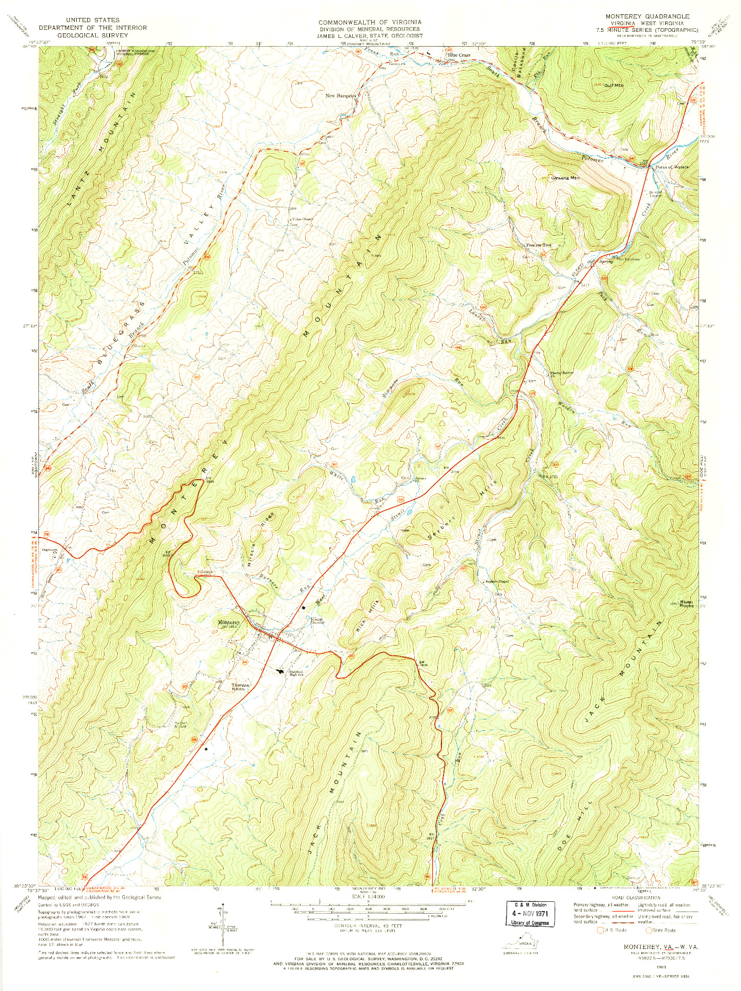 USGS 1:24000-SCALE QUADRANGLE FOR MONTEREY, VA 1969