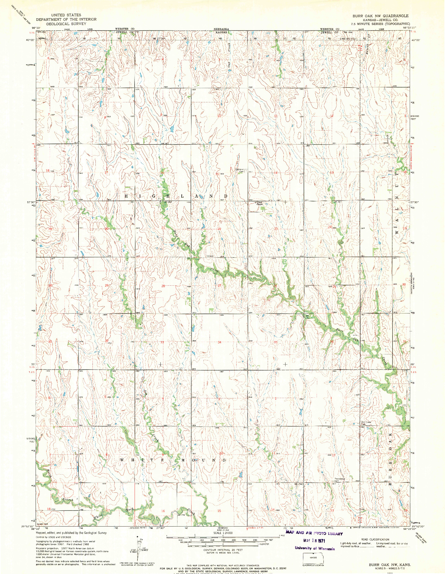 USGS 1:24000-SCALE QUADRANGLE FOR BURR OAK NW, KS 1968