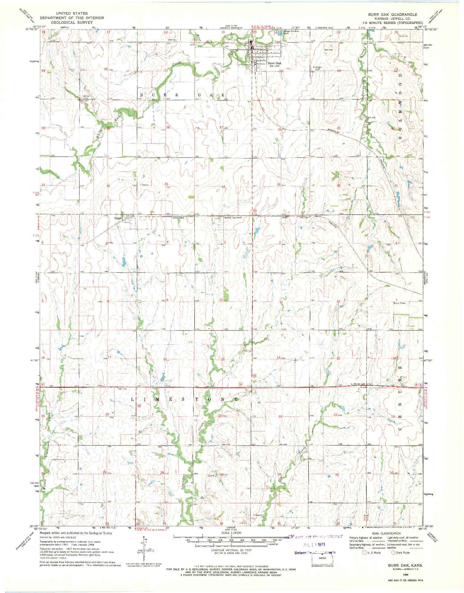 USGS 1:24000-SCALE QUADRANGLE FOR BURR OAK, KS 1968