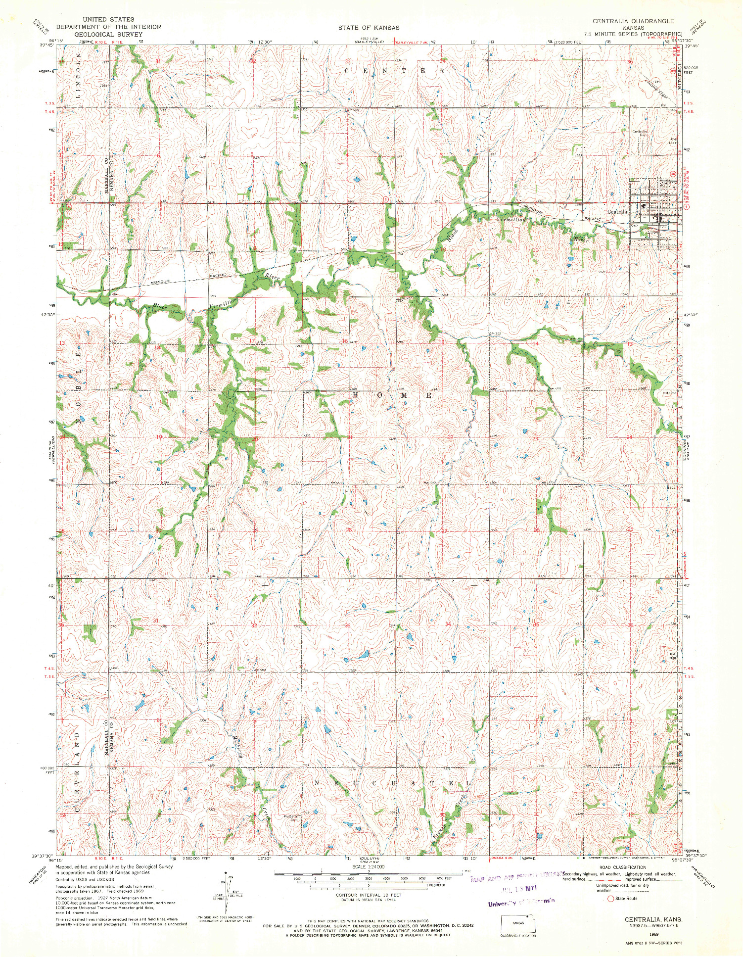 USGS 1:24000-SCALE QUADRANGLE FOR CENTRALIA, KS 1969