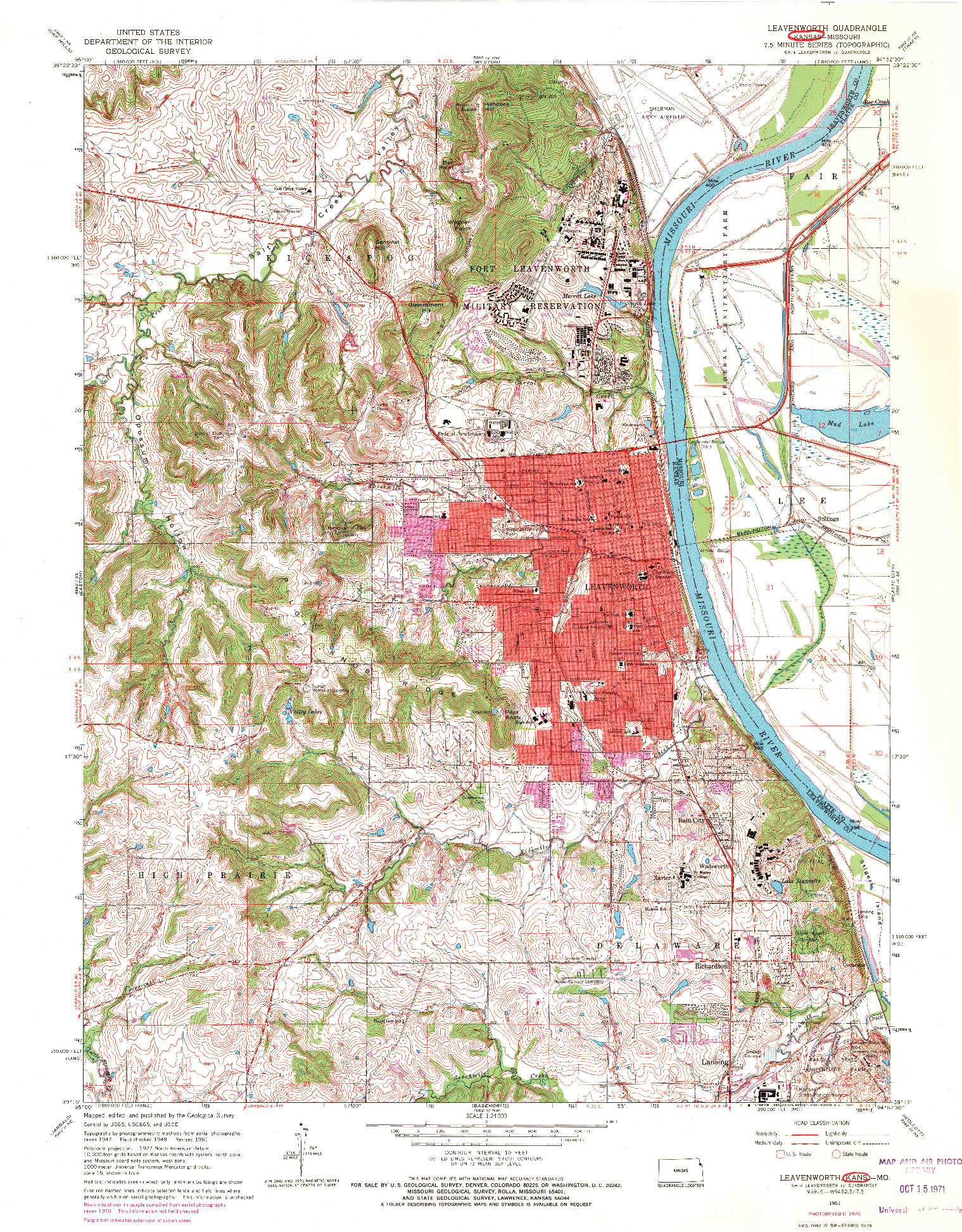 USGS 1:24000-SCALE QUADRANGLE FOR LEAVENWORTH, KS 1961