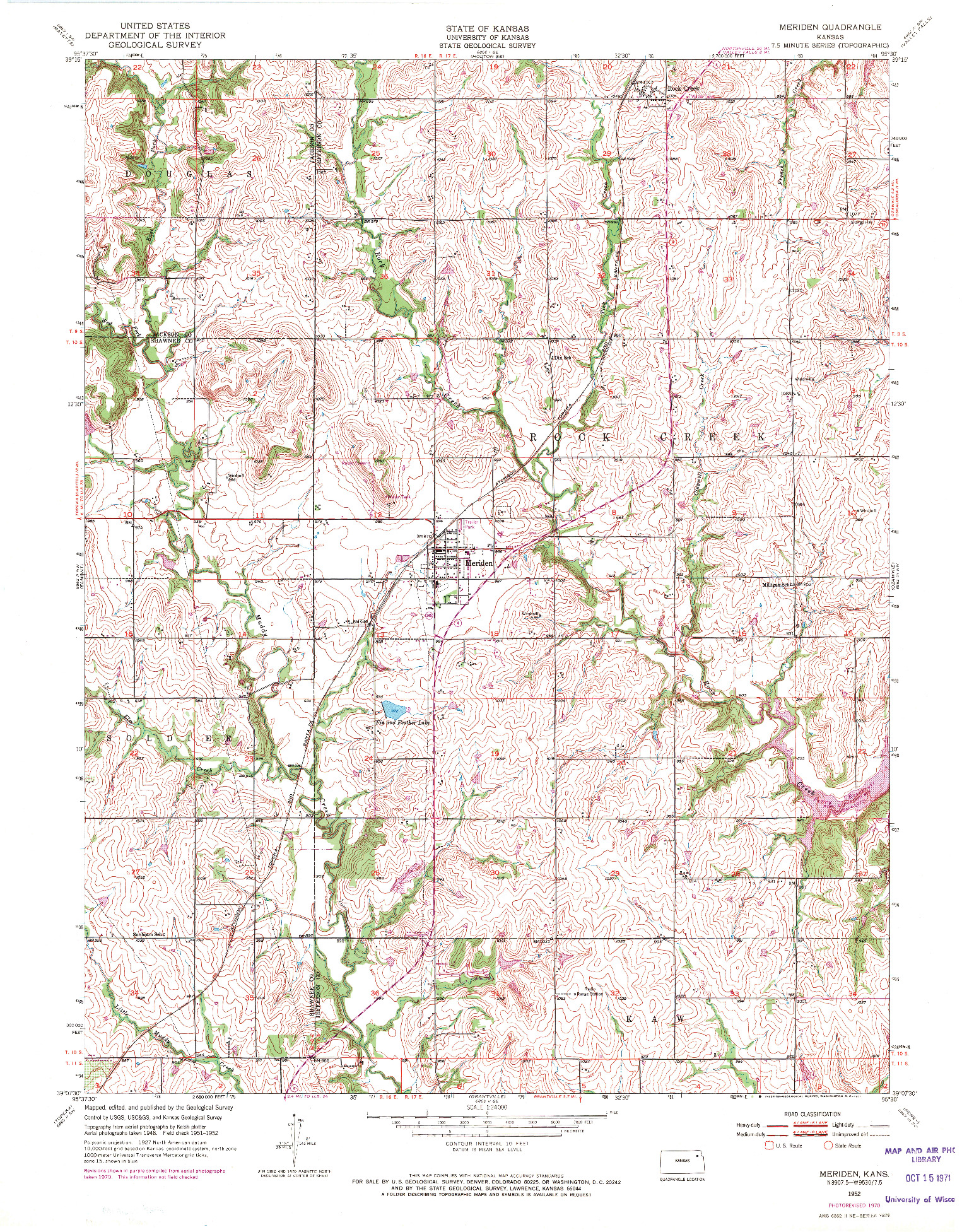 USGS 1:24000-SCALE QUADRANGLE FOR MERIDEN, KS 1952