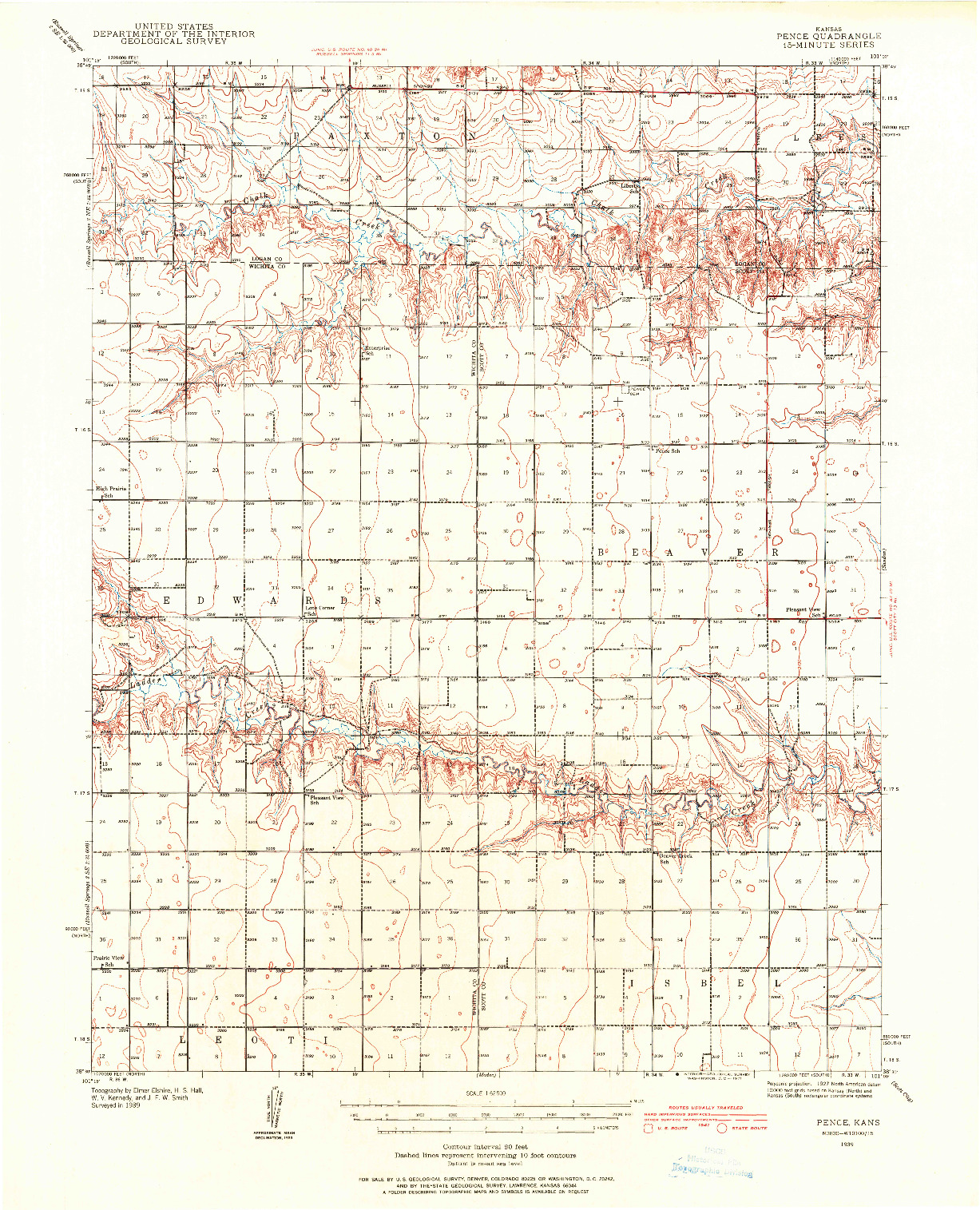 USGS 1:62500-SCALE QUADRANGLE FOR PENCE, KS 1939
