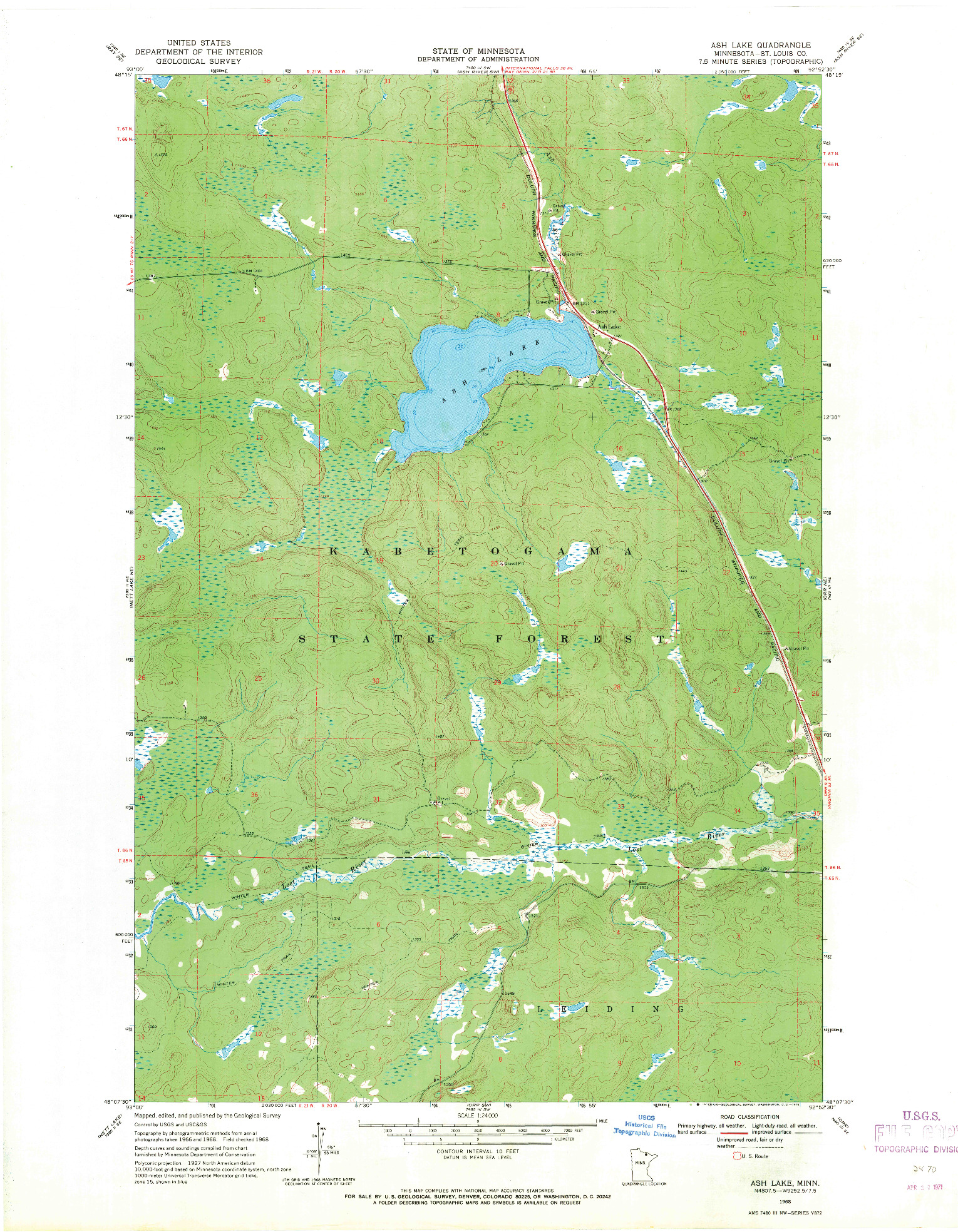USGS 1:24000-SCALE QUADRANGLE FOR ASH LAKE, MN 1968