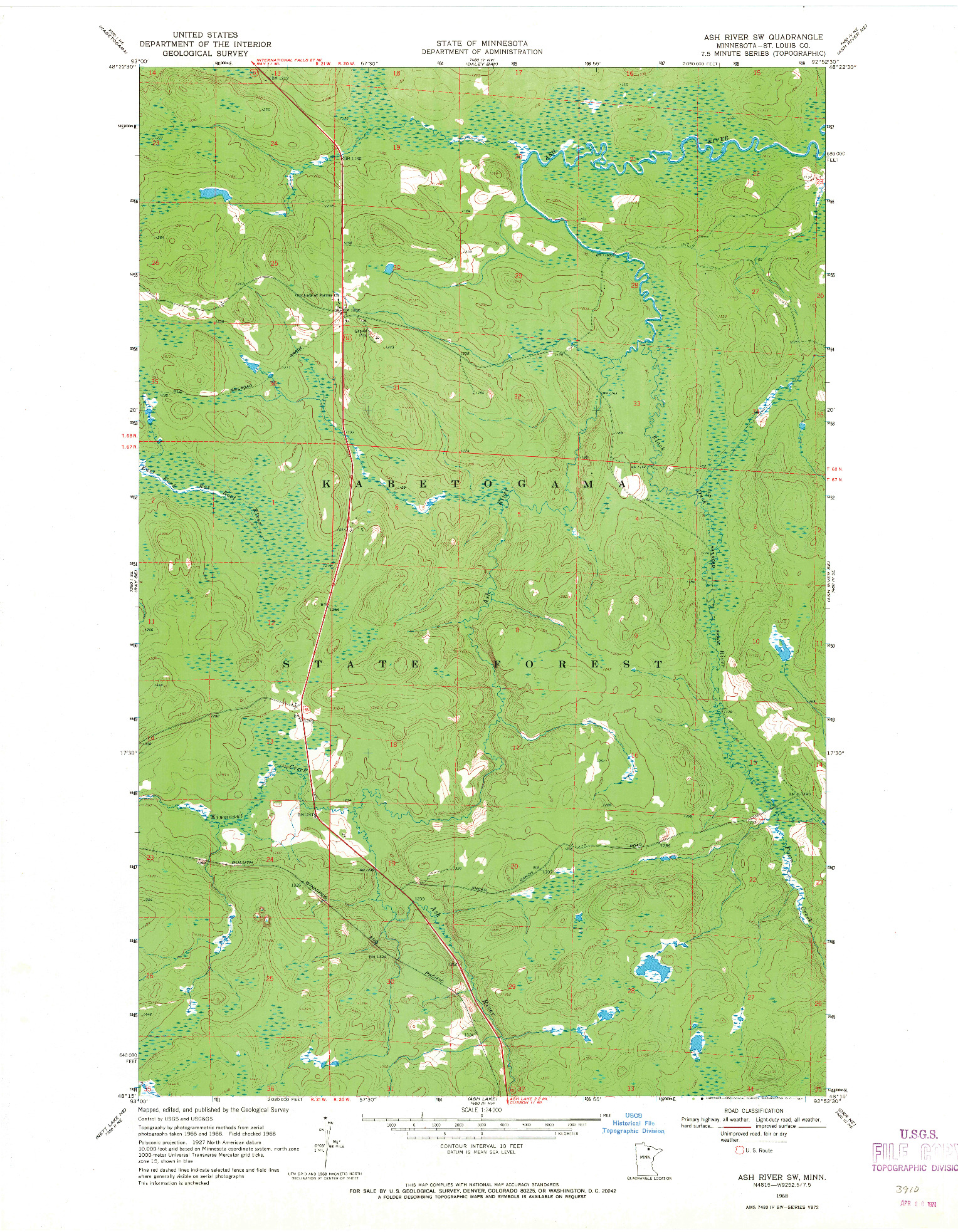 USGS 1:24000-SCALE QUADRANGLE FOR ASH RIVER SW, MN 1968