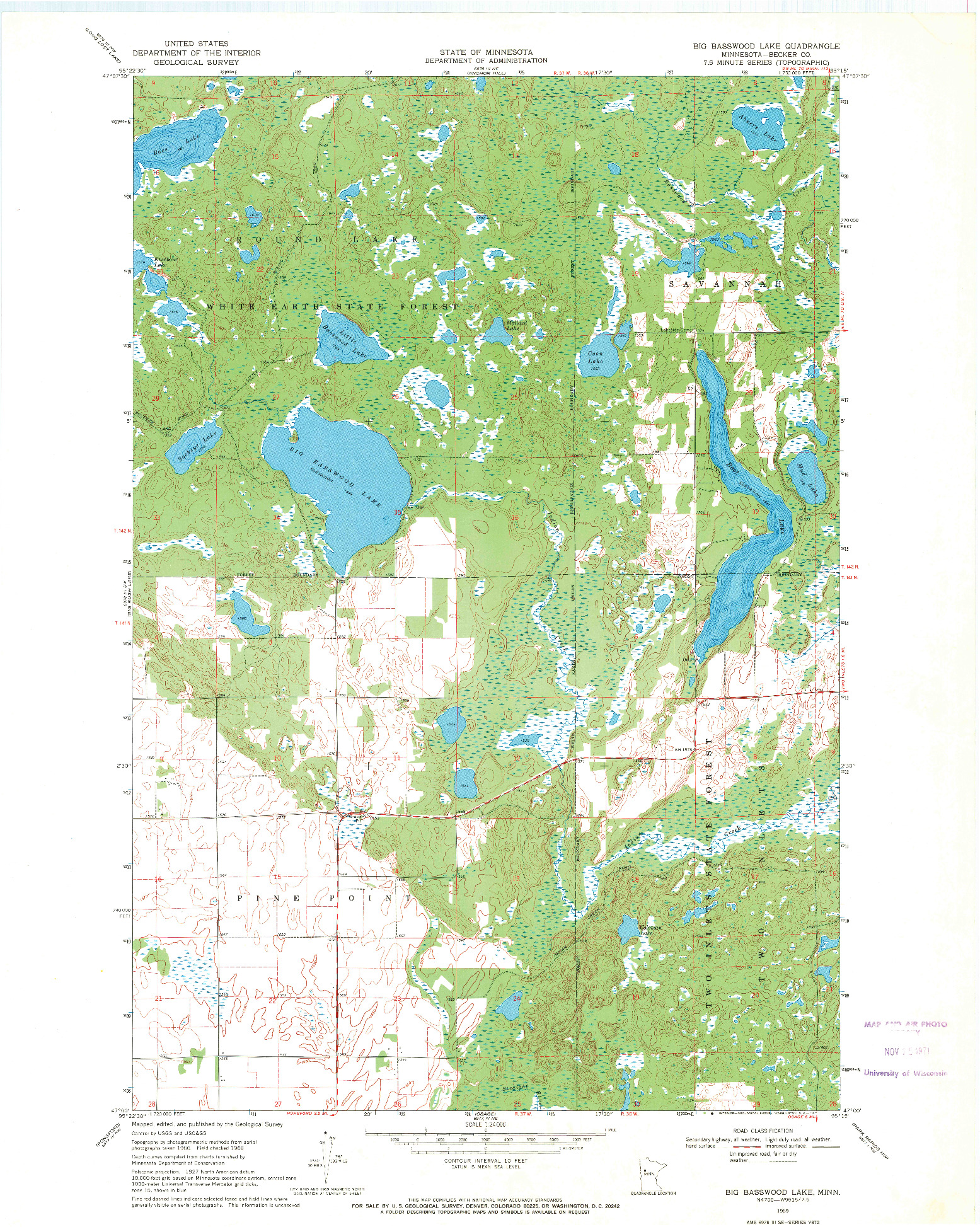 USGS 1:24000-SCALE QUADRANGLE FOR BIG BASSWOOD LAKE, MN 1969