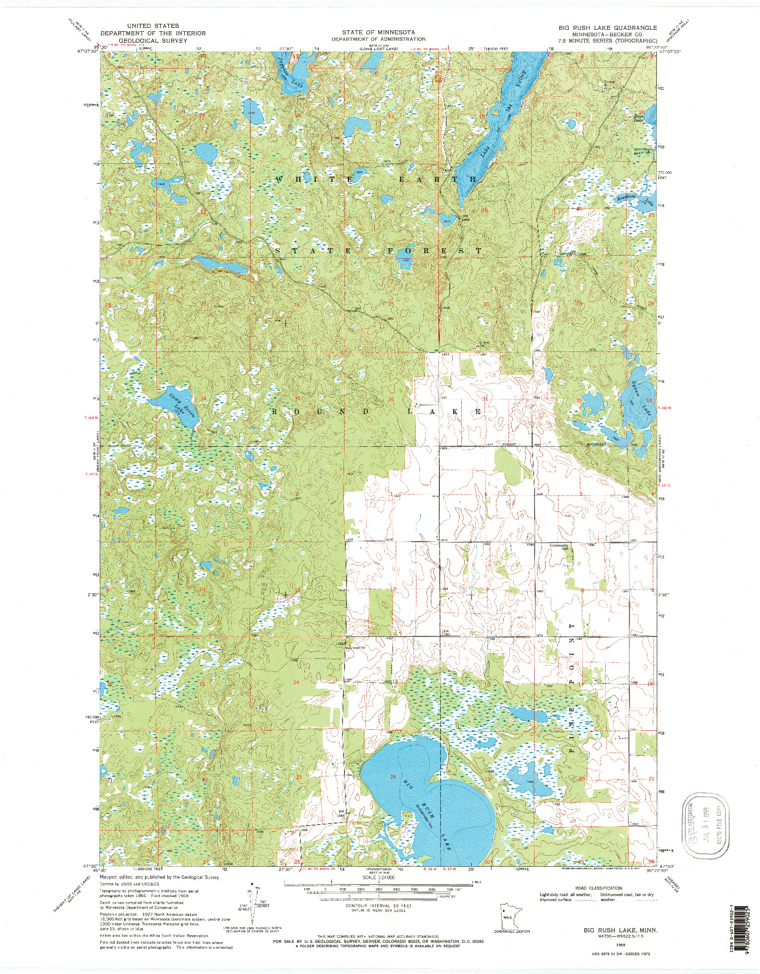 USGS 1:24000-SCALE QUADRANGLE FOR BIG RUSH LAKE, MN 1969