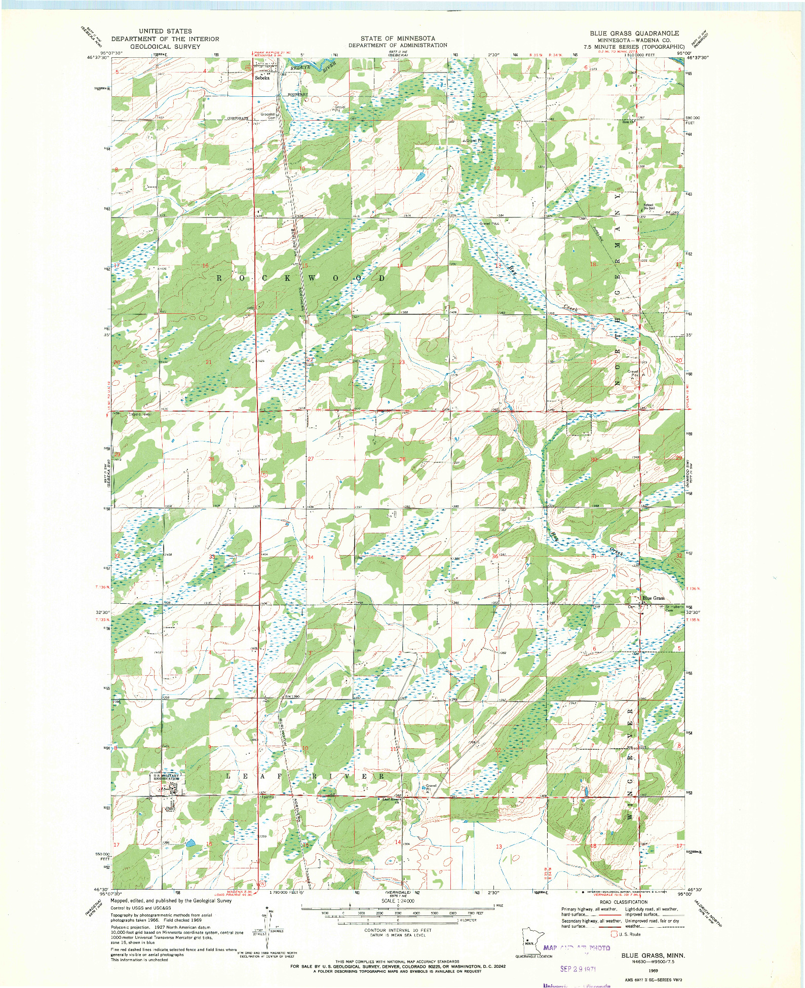 USGS 1:24000-SCALE QUADRANGLE FOR BLUE GRASS, MN 1969