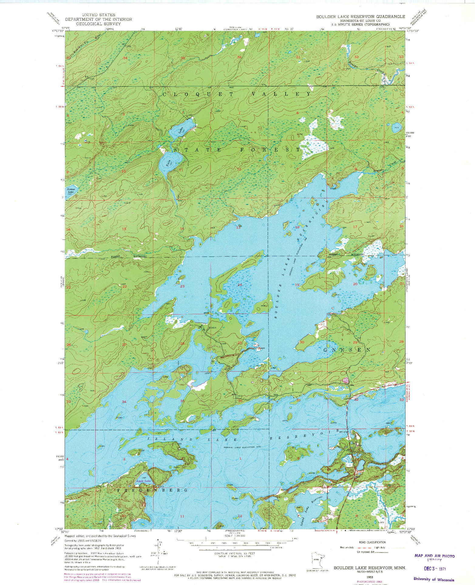 USGS 1:24000-SCALE QUADRANGLE FOR BOULDER LAKE RESERVOIR, MN 1953