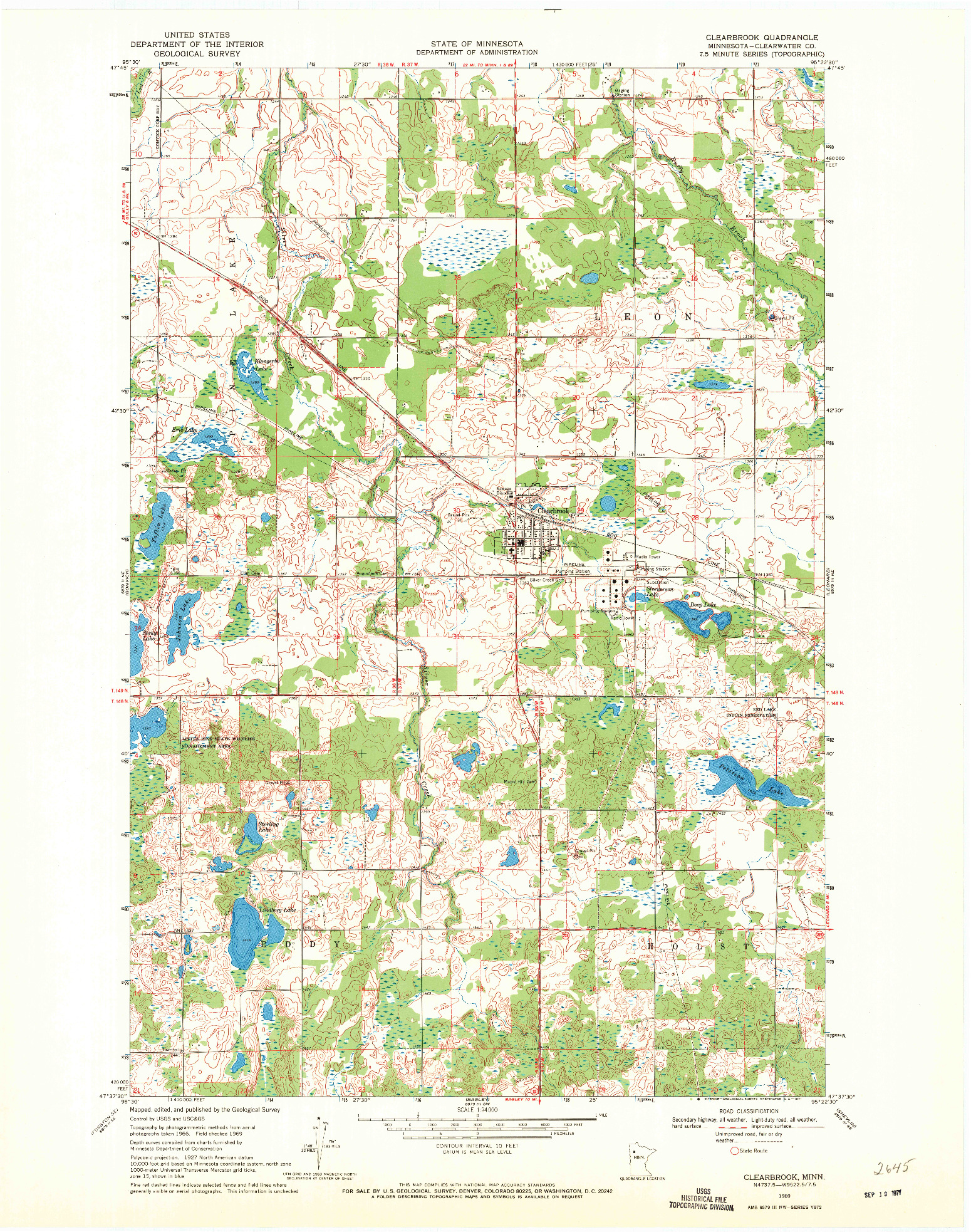 USGS 1:24000-SCALE QUADRANGLE FOR CLEARBROOK, MN 1969