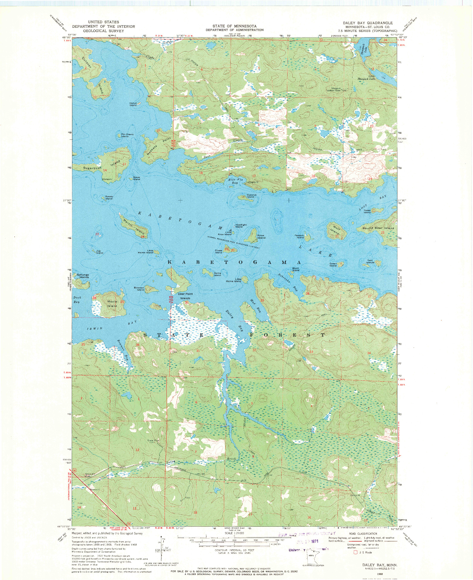 USGS 1:24000-SCALE QUADRANGLE FOR DALEY BAY, MN 1968