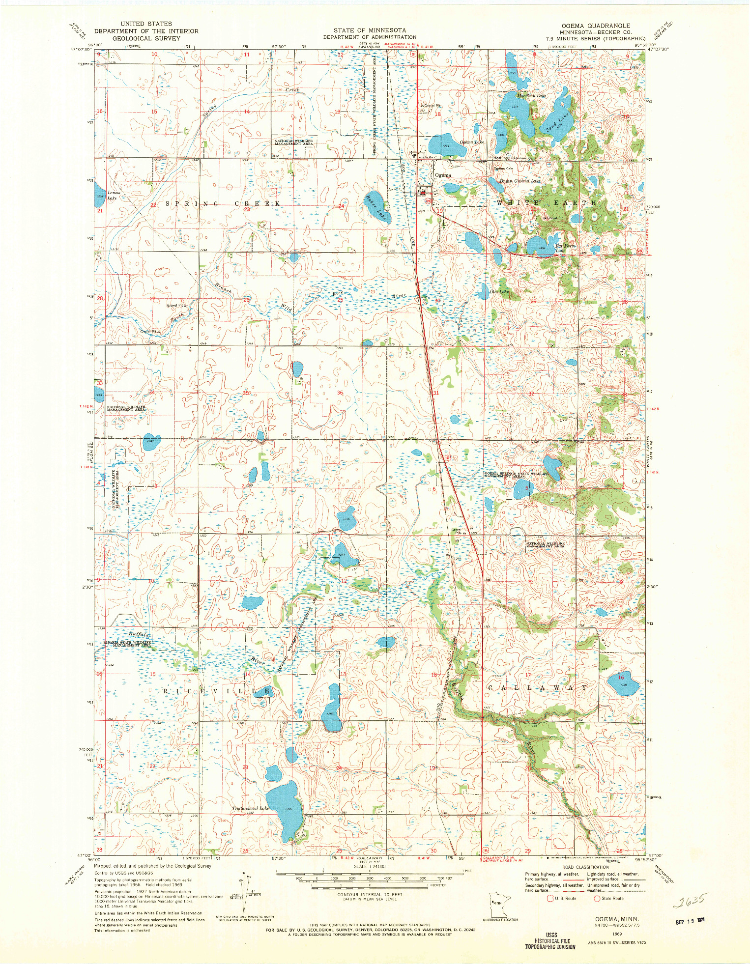 USGS 1:24000-SCALE QUADRANGLE FOR OGEMA, MN 1969