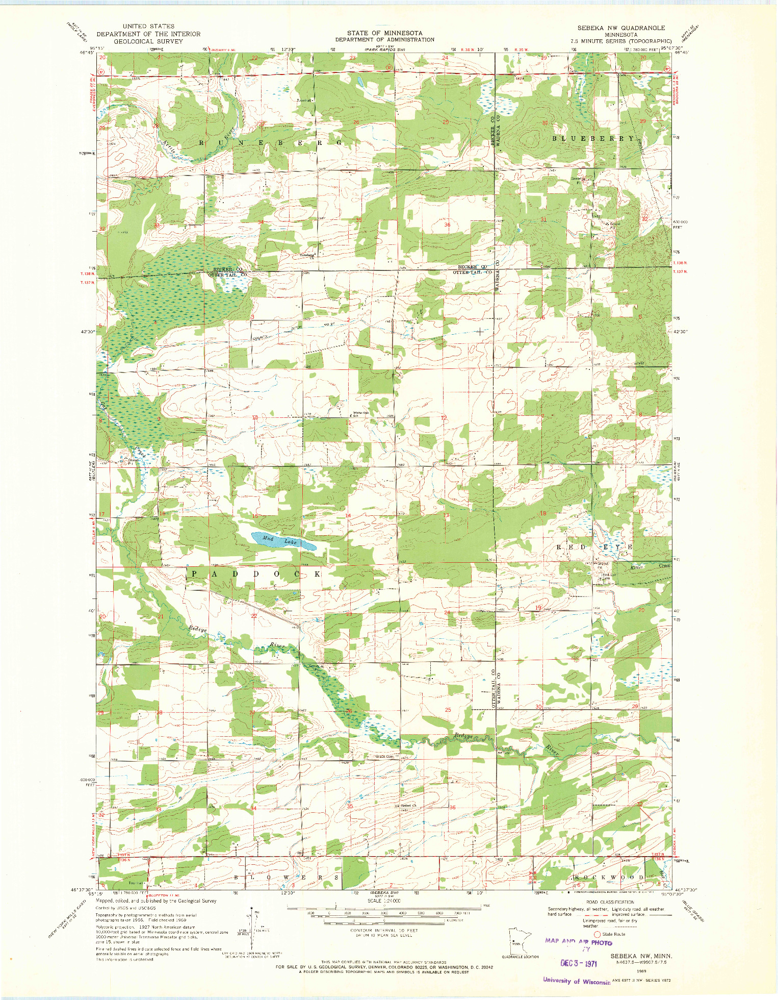 USGS 1:24000-SCALE QUADRANGLE FOR SEBEKA NW, MN 1969