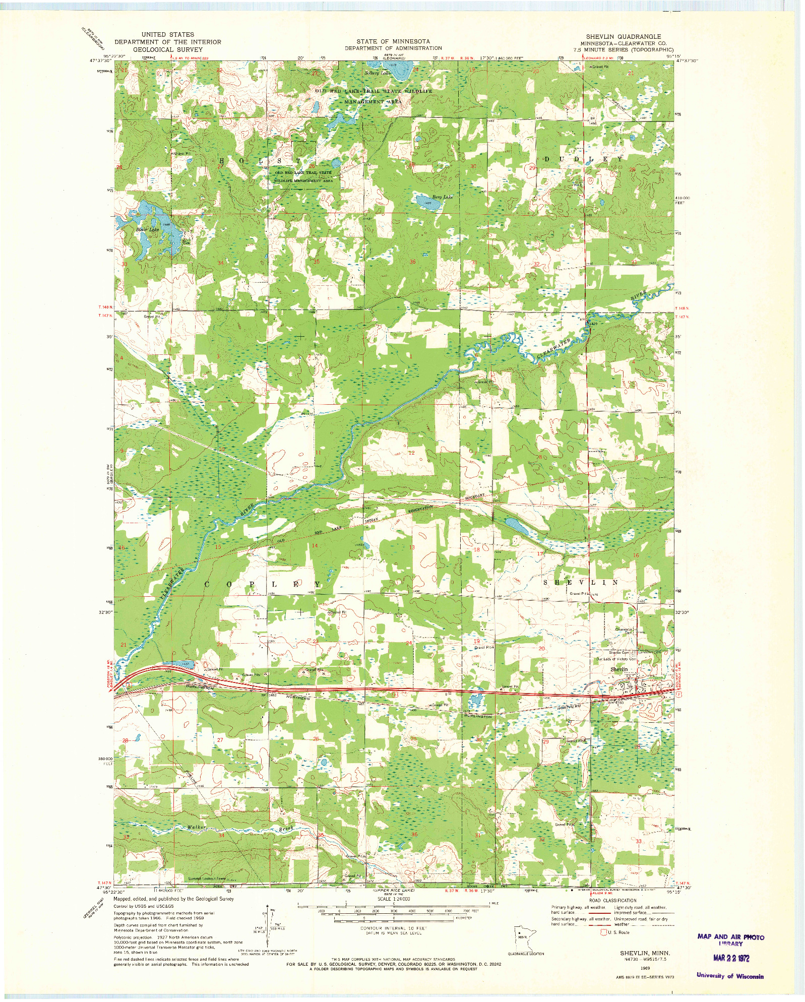 USGS 1:24000-SCALE QUADRANGLE FOR SHEVLIN, MN 1969