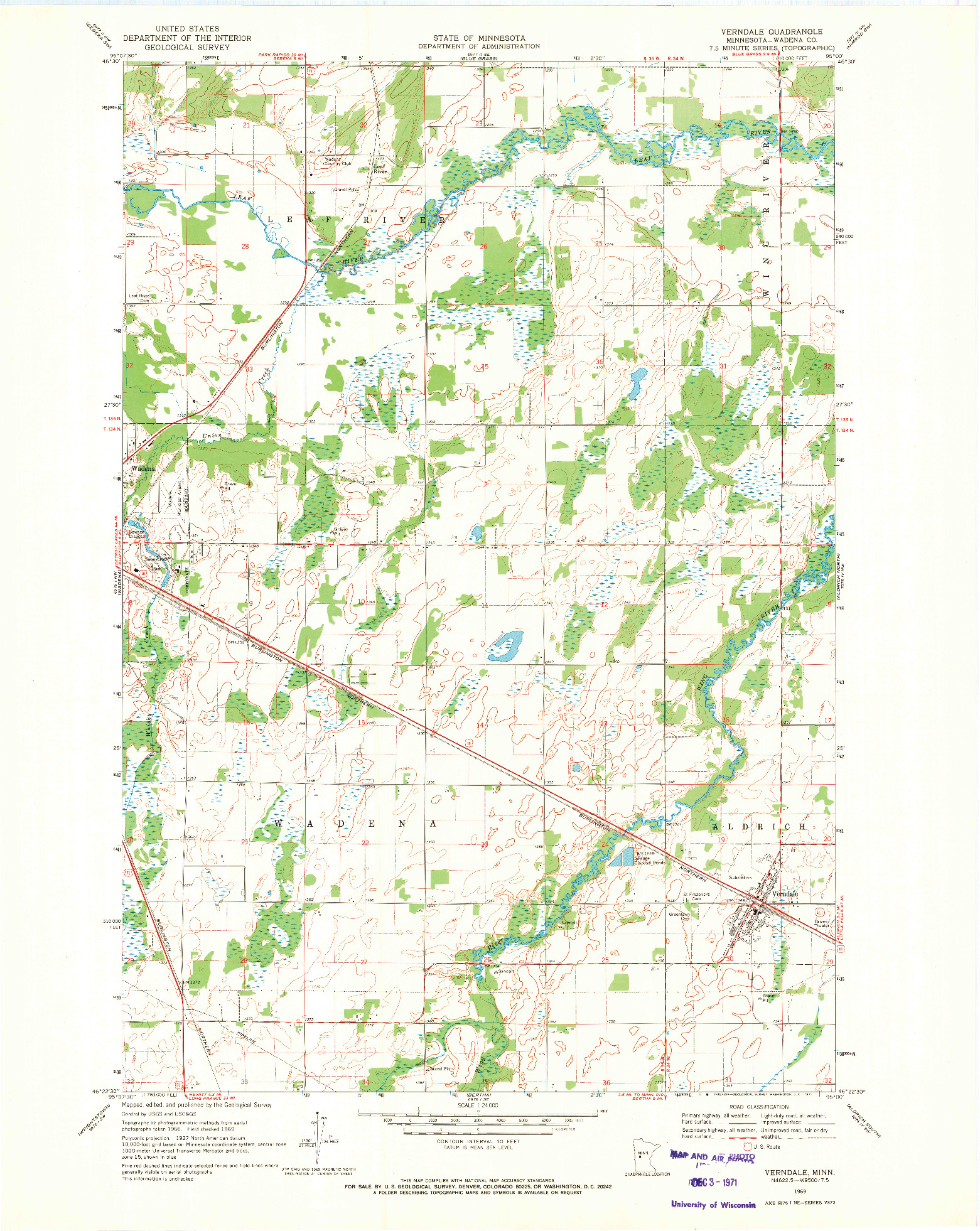 USGS 1:24000-SCALE QUADRANGLE FOR VERNDALE, MN 1969