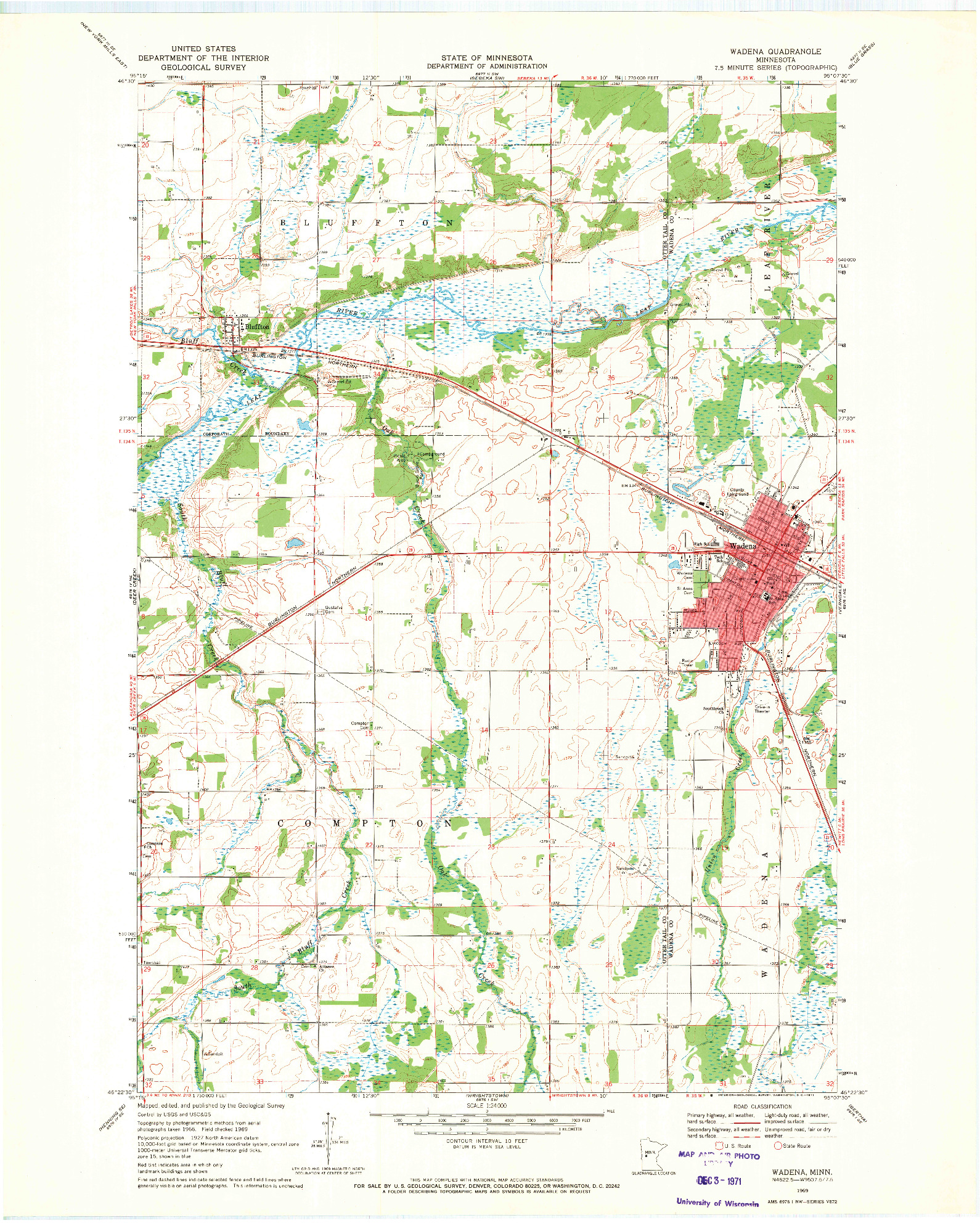 USGS 1:24000-SCALE QUADRANGLE FOR WADENA, MN 1969
