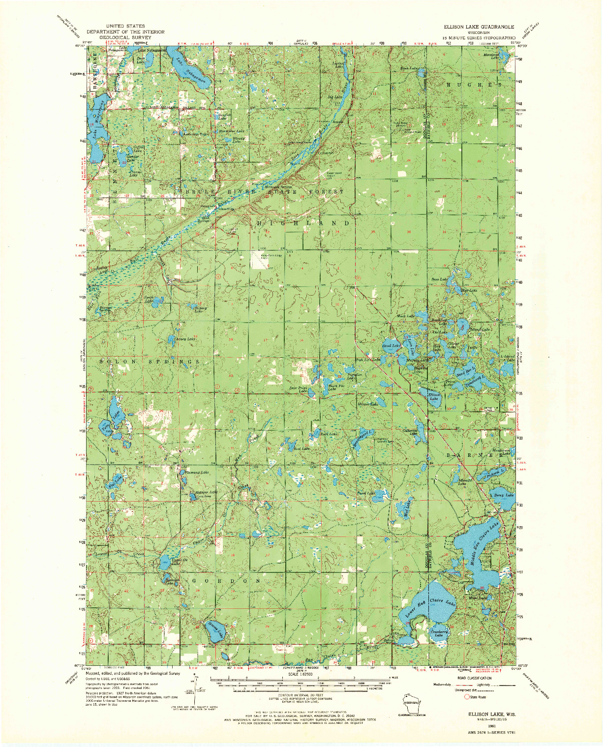 USGS 1:62500-SCALE QUADRANGLE FOR ELLISON LAKE, WI 1961