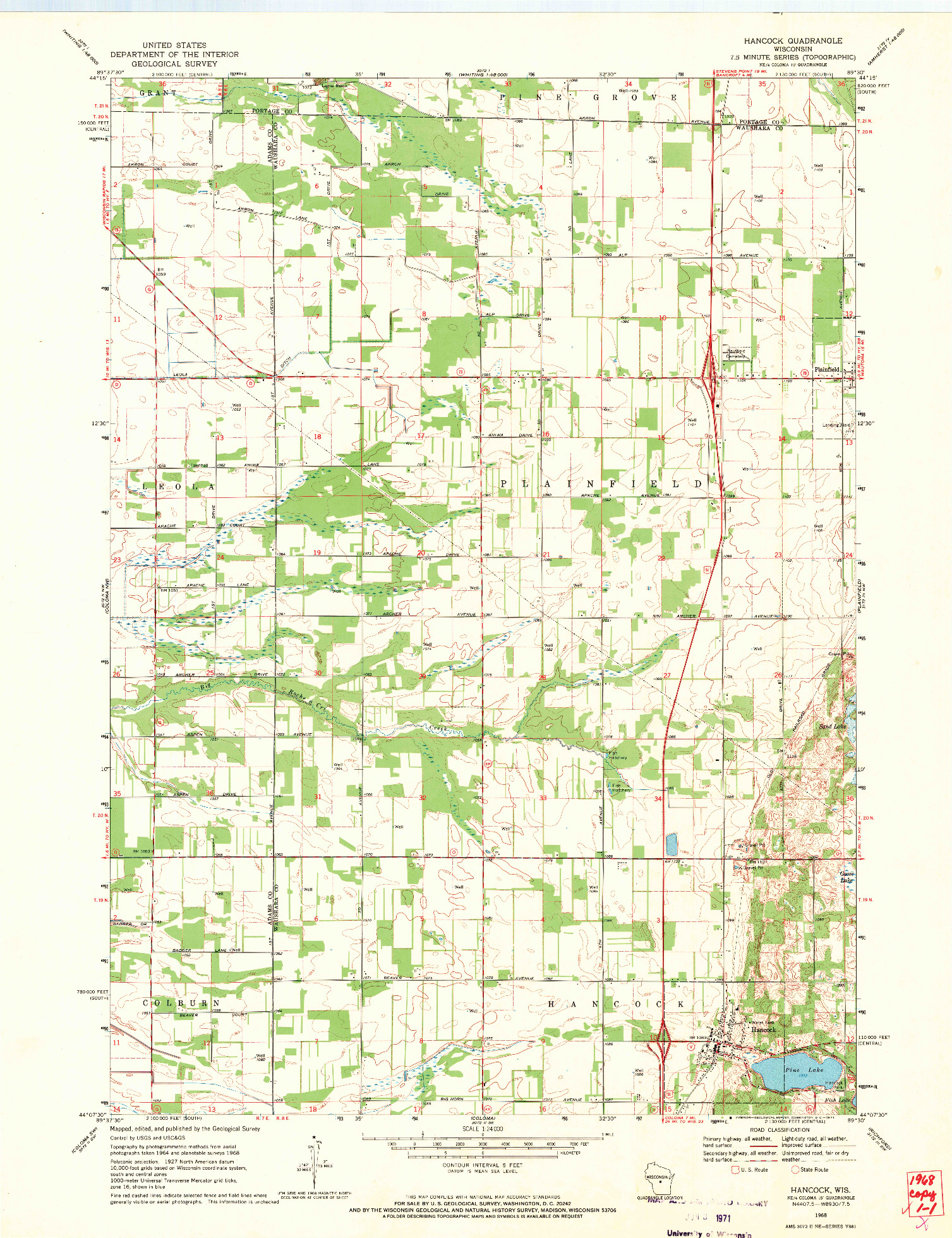 USGS 1:24000-SCALE QUADRANGLE FOR HANCOCK, WI 1968
