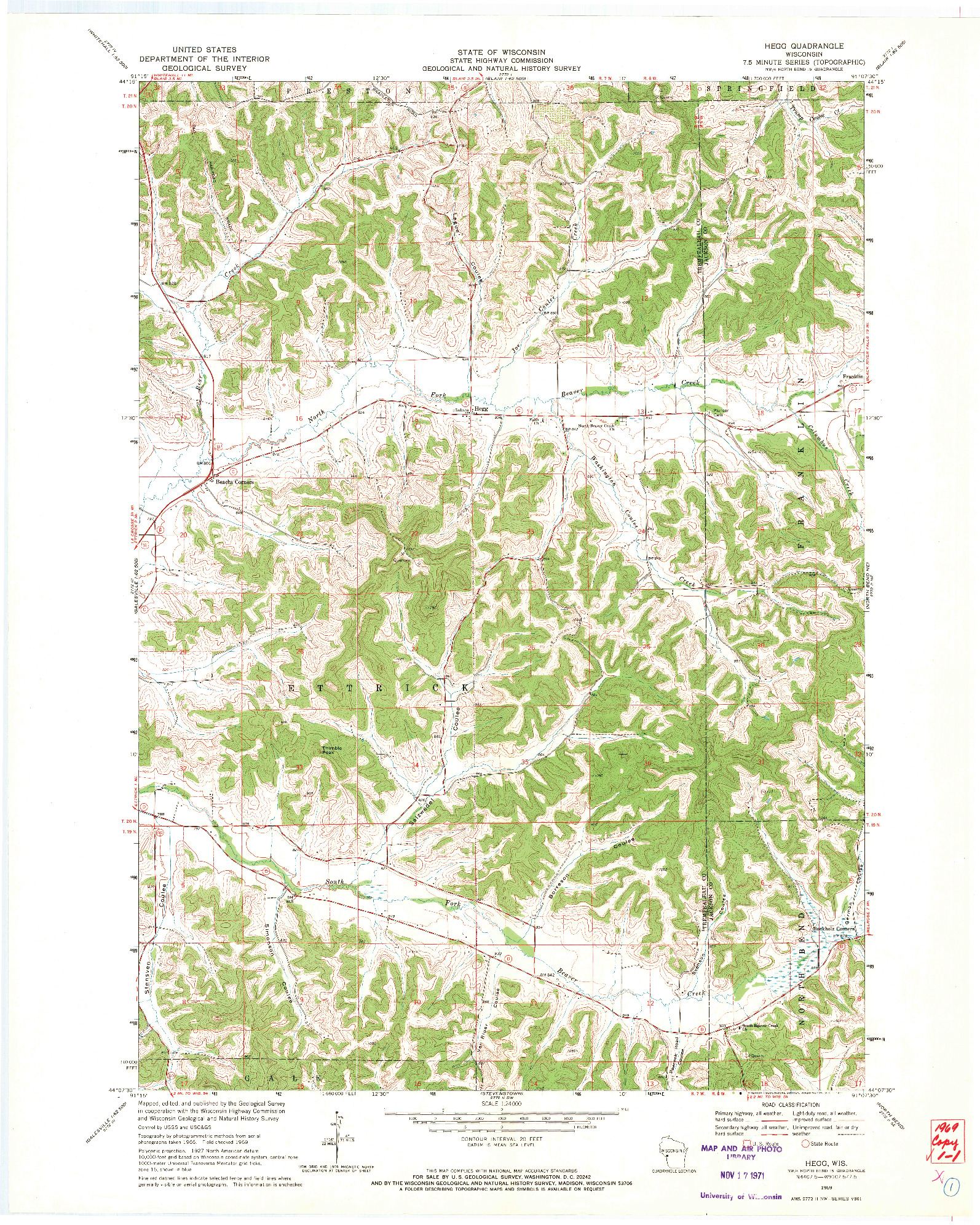 USGS 1:24000-SCALE QUADRANGLE FOR HEGG, WI 1969