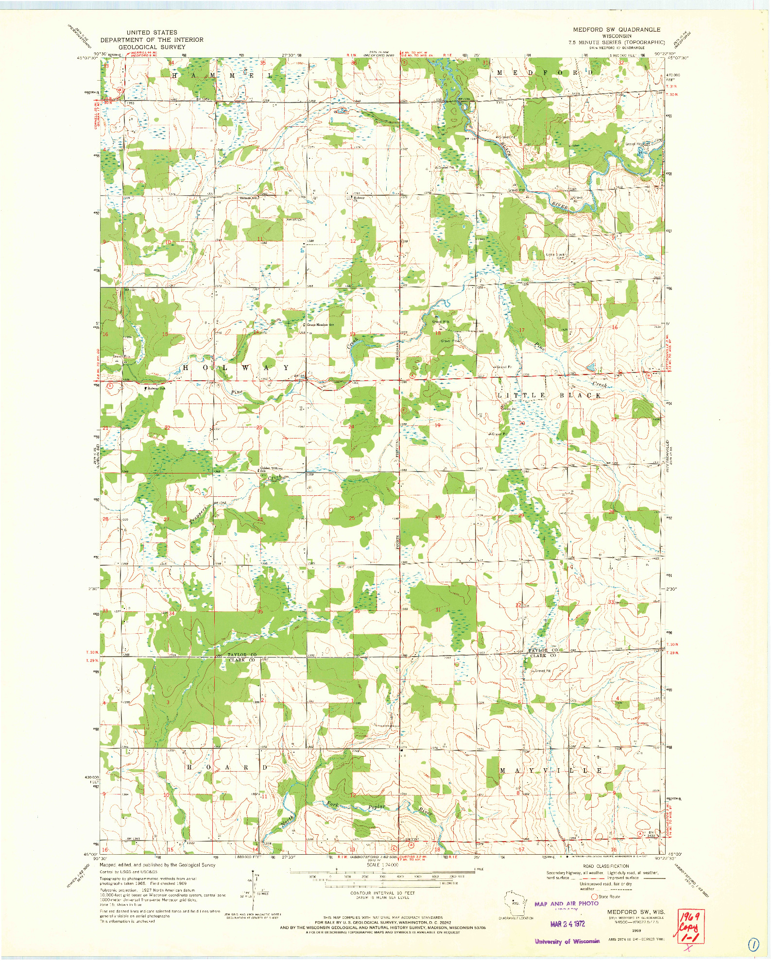 USGS 1:24000-SCALE QUADRANGLE FOR MEDFORD SW, WI 1969