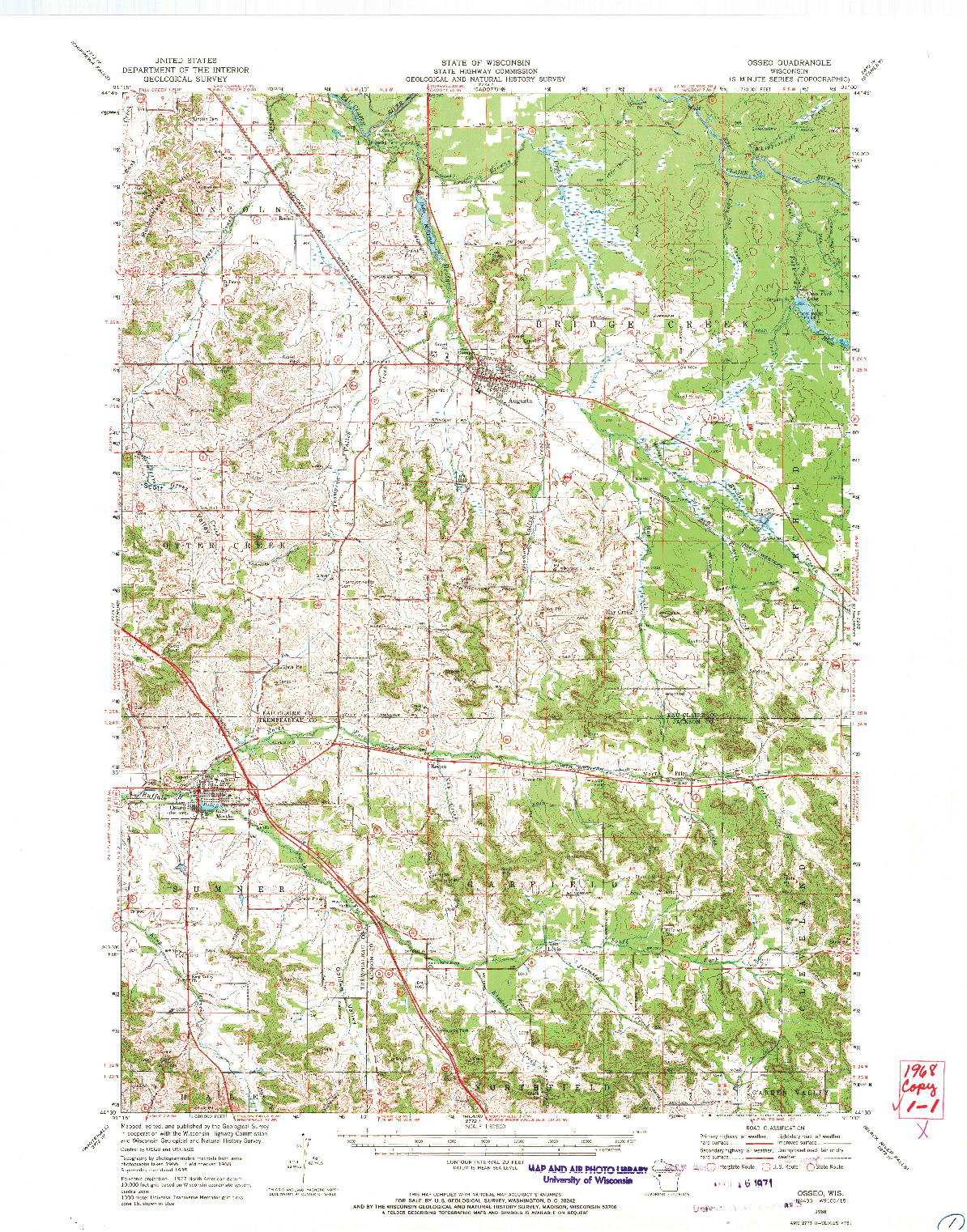 USGS 1:62500-SCALE QUADRANGLE FOR OSSEO, WI 1968