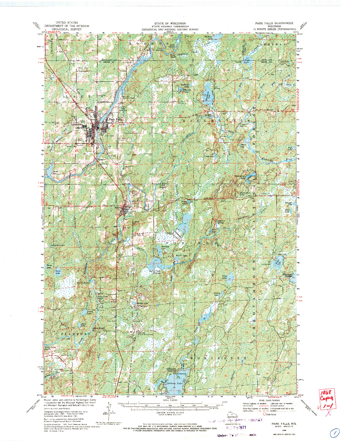 USGS 1:62500-SCALE QUADRANGLE FOR PARK FALLS, WI 1968