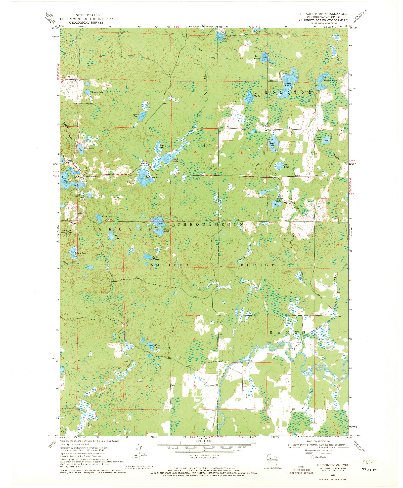 USGS 1:24000-SCALE QUADRANGLE FOR PERKINSTOWN, WI 1969