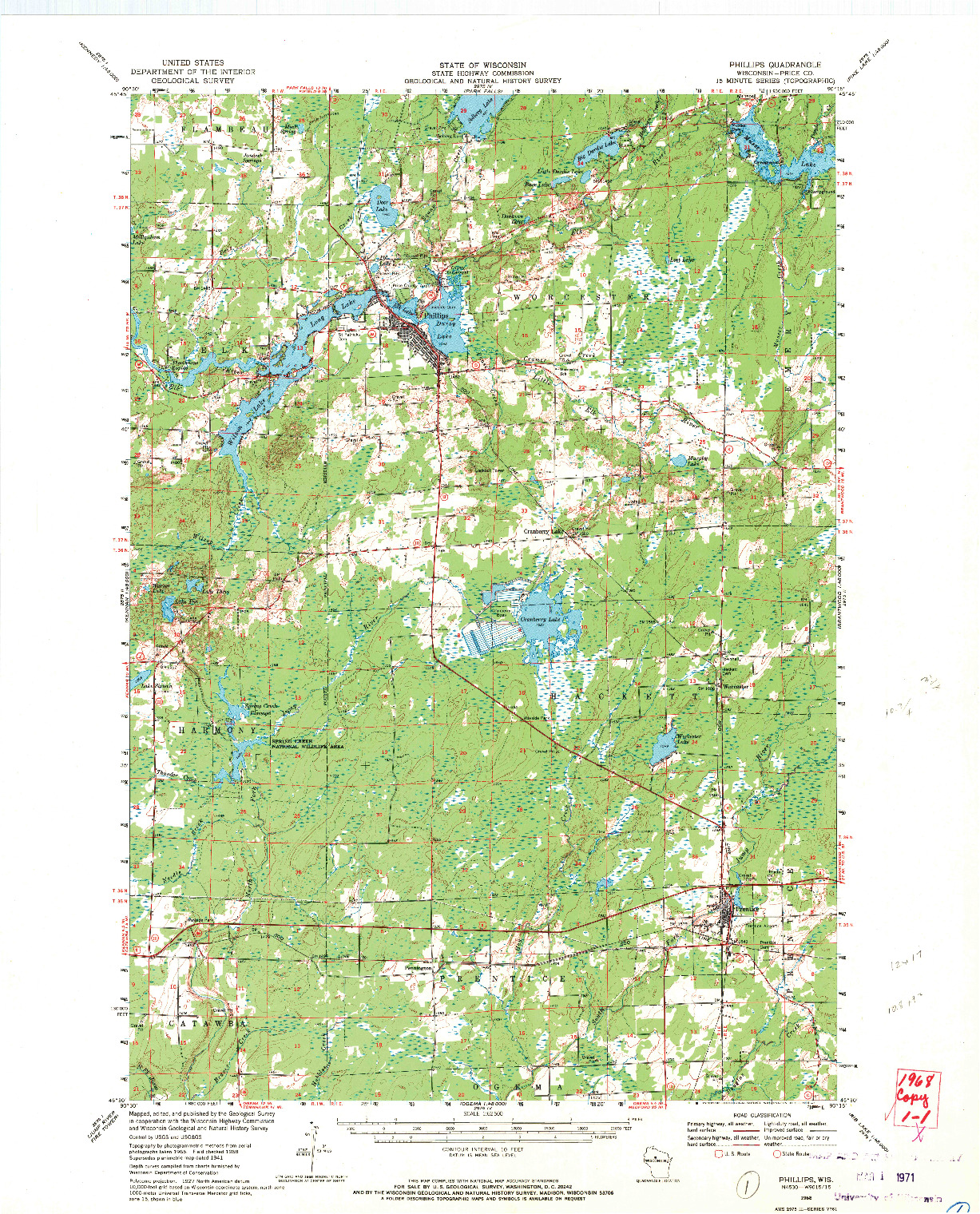 USGS 1:62500-SCALE QUADRANGLE FOR PHILLIPS, WI 1968
