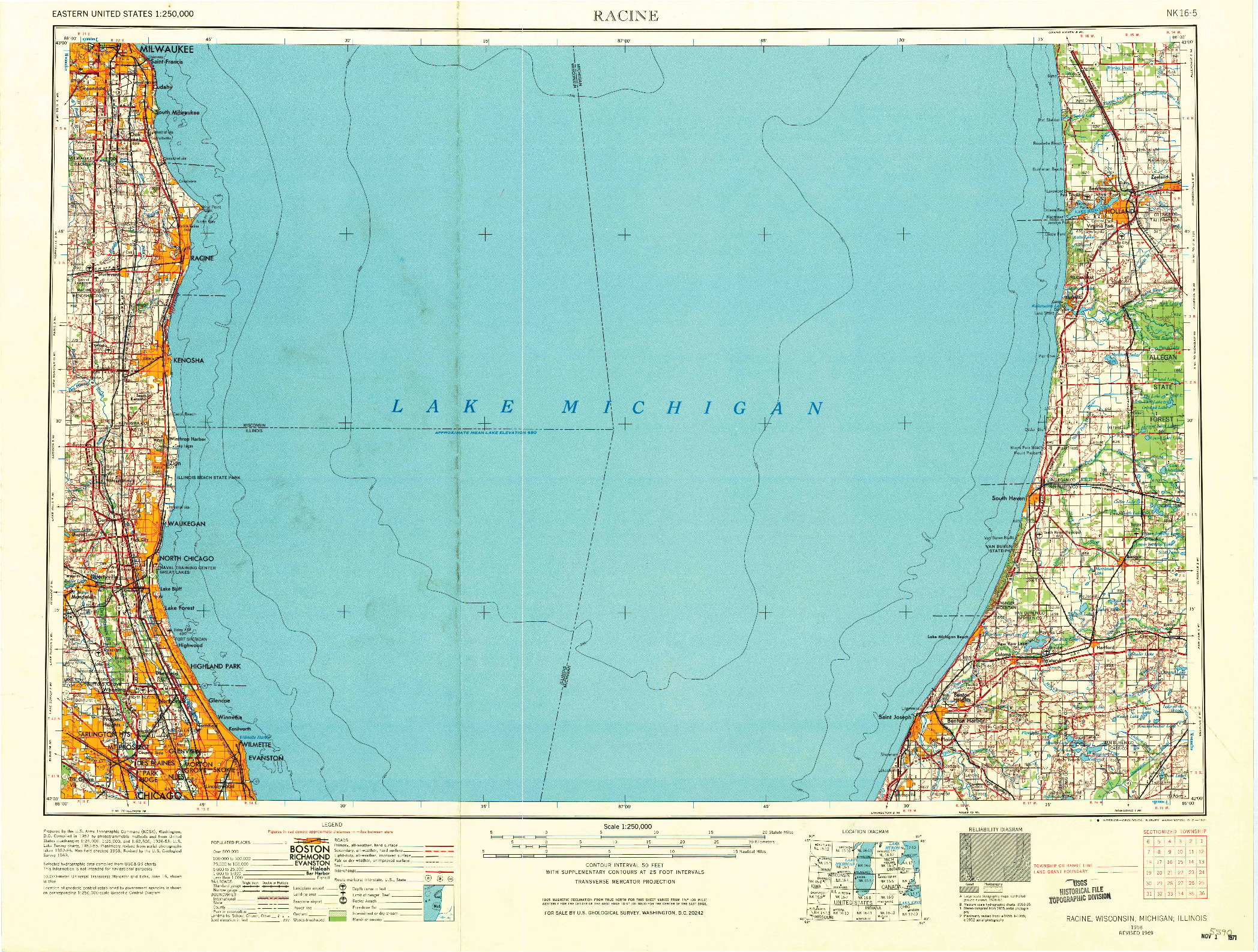 USGS 1:250000-SCALE QUADRANGLE FOR RACINE, WI 1958