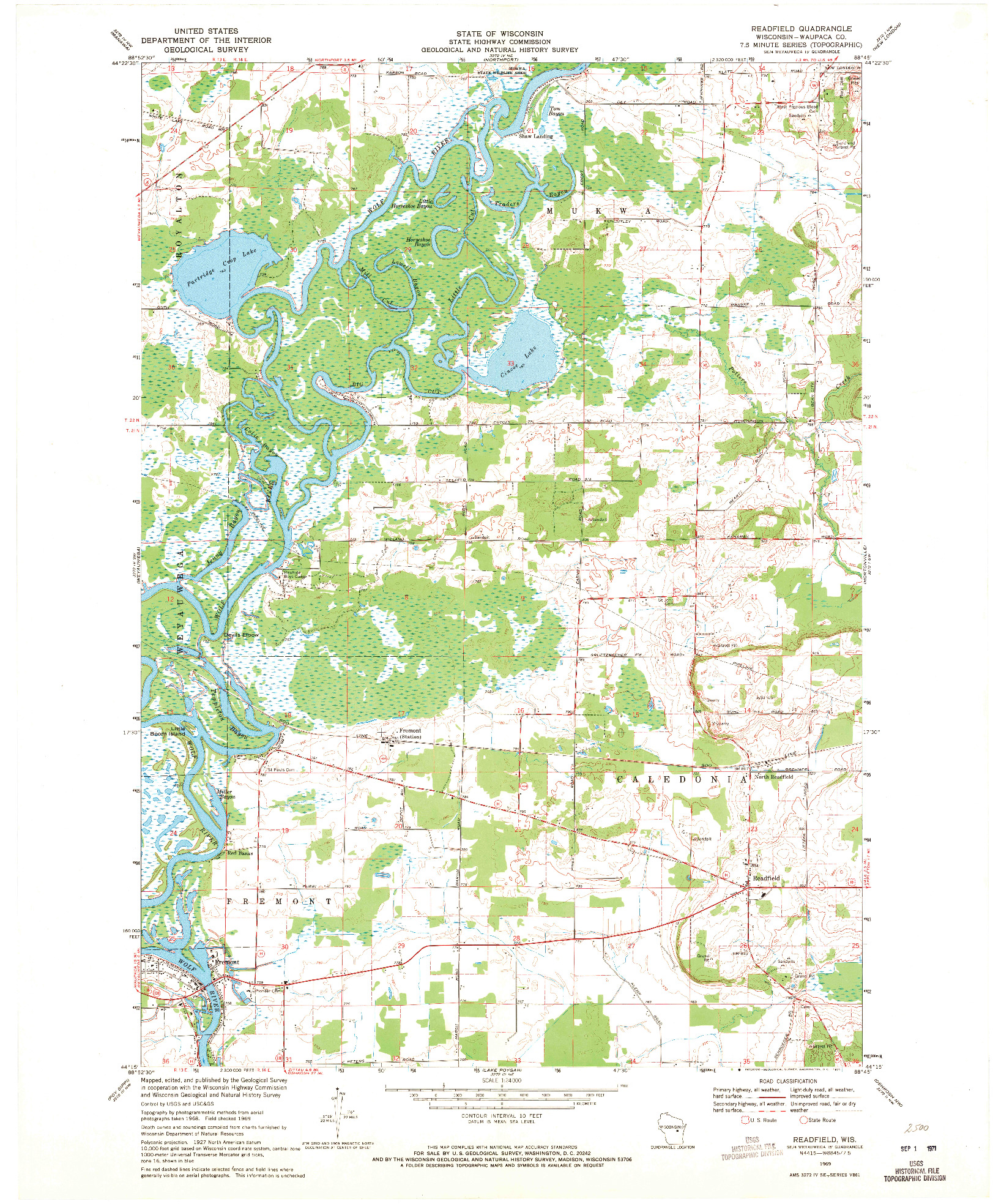 USGS 1:24000-SCALE QUADRANGLE FOR READFIELD, WI 1969