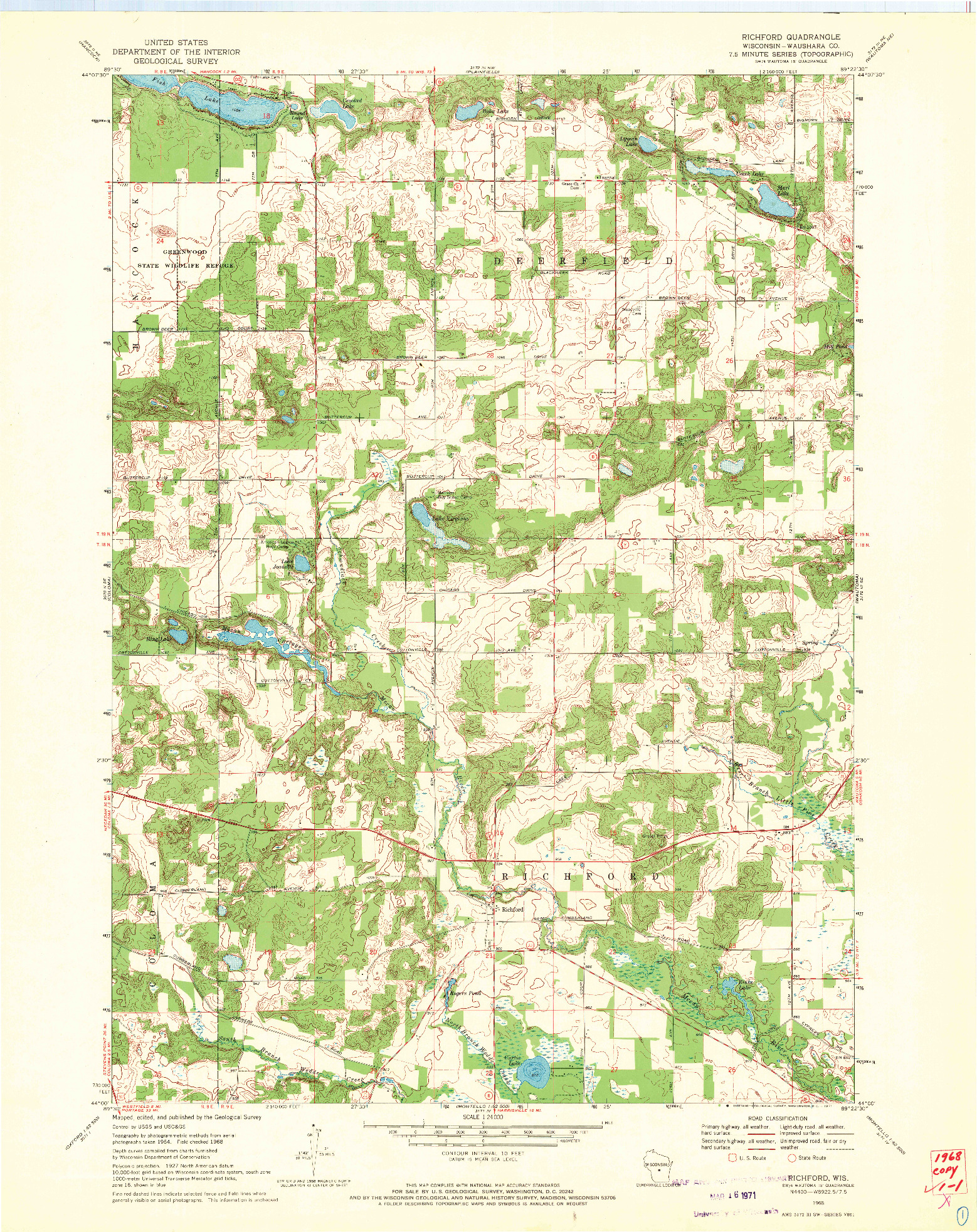USGS 1:24000-SCALE QUADRANGLE FOR RICHFORD, WI 1968
