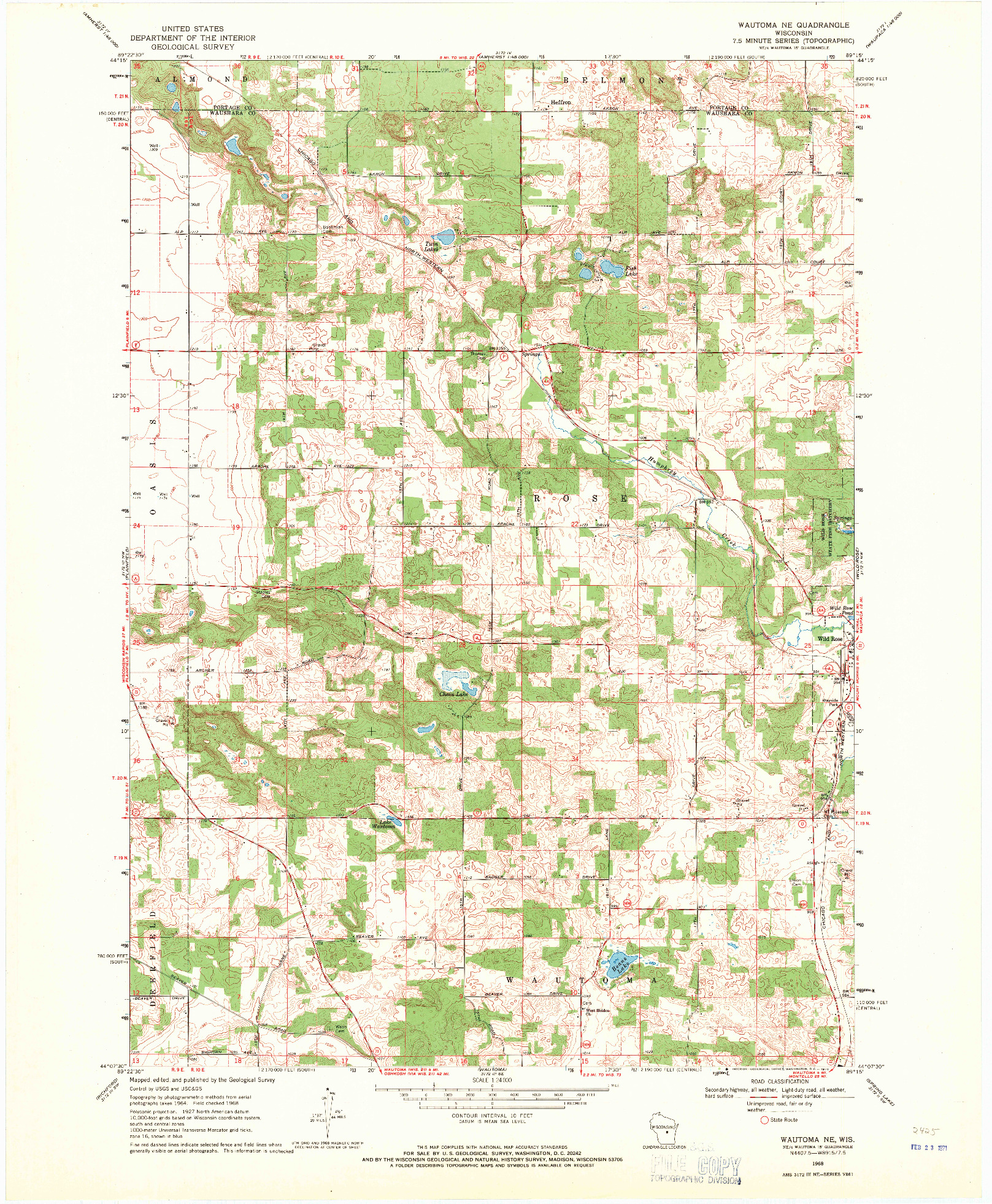 USGS 1:24000-SCALE QUADRANGLE FOR WAUTOMA NE, WI 1968