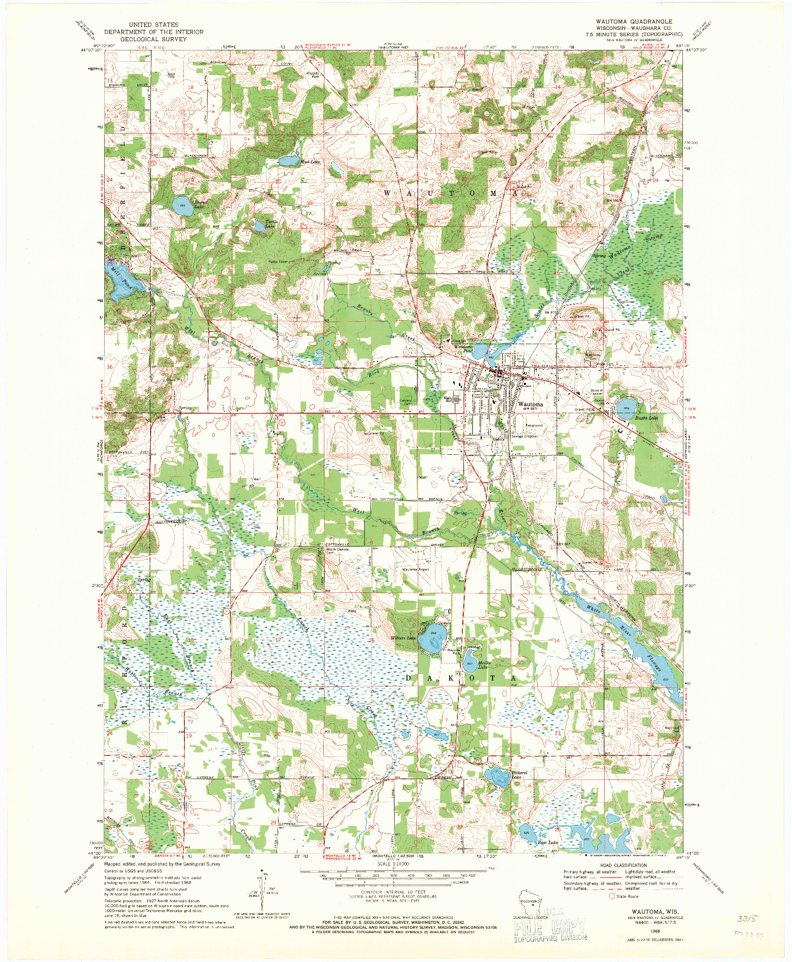 USGS 1:24000-SCALE QUADRANGLE FOR WAUTOMA, WI 1968